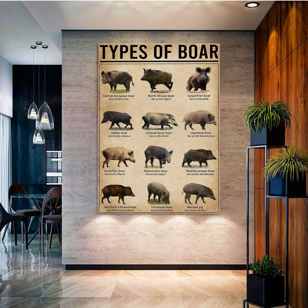 Types of Boar Hunting Canvas Wall Art – Wild Hog Species Chart Print for Hunters and Outdoorsmen
