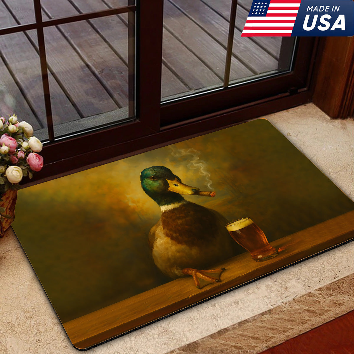 Funny Duck Barware Doormat – Hunting Lodge Rug with Drinking Glasses & Smoking-related Decor, Outdoor Cabin Decor Gift