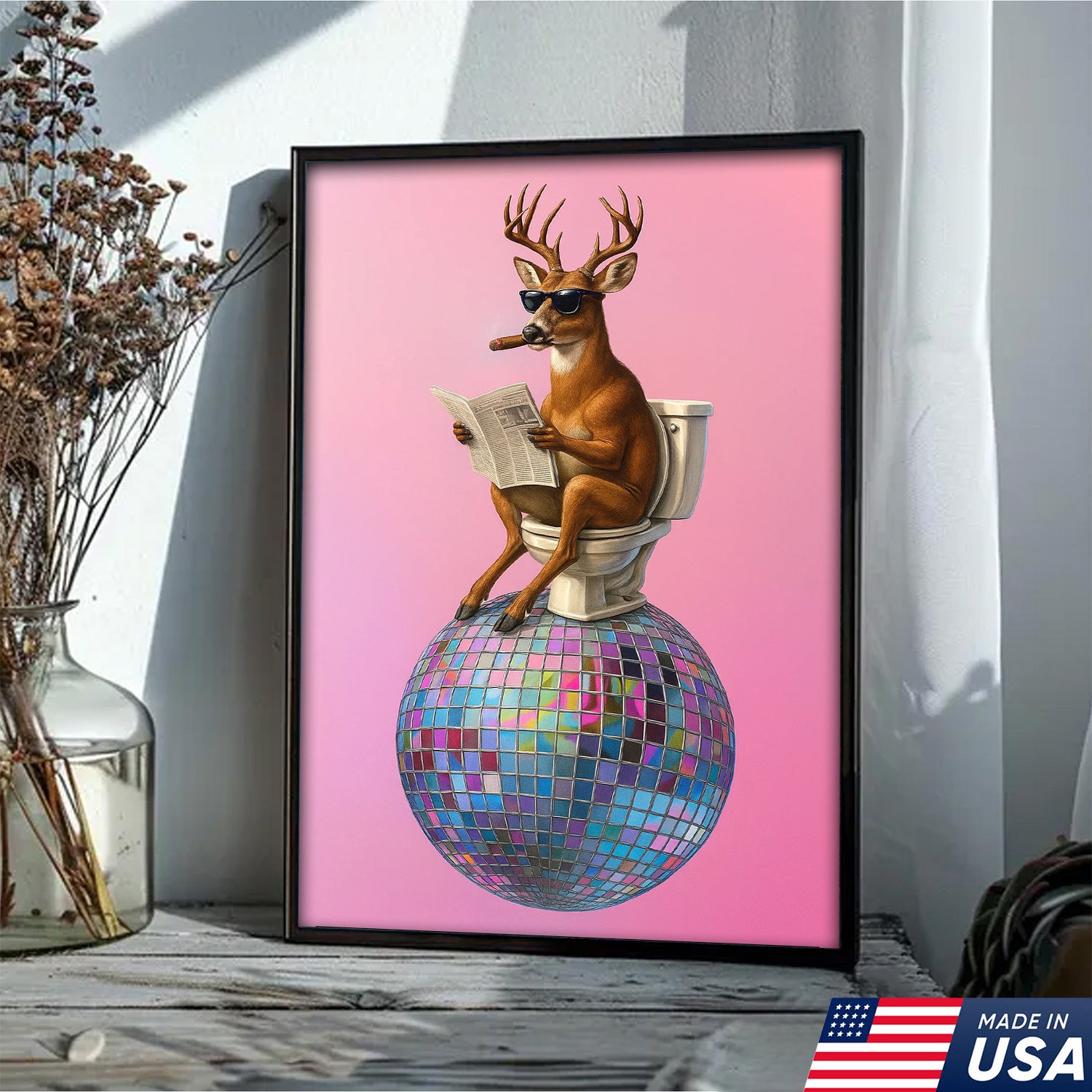 Deer Canvas Wall Art – Funny Buck Reading Newspaper on Toilet with Disco Ball Unique Bathroom Decor