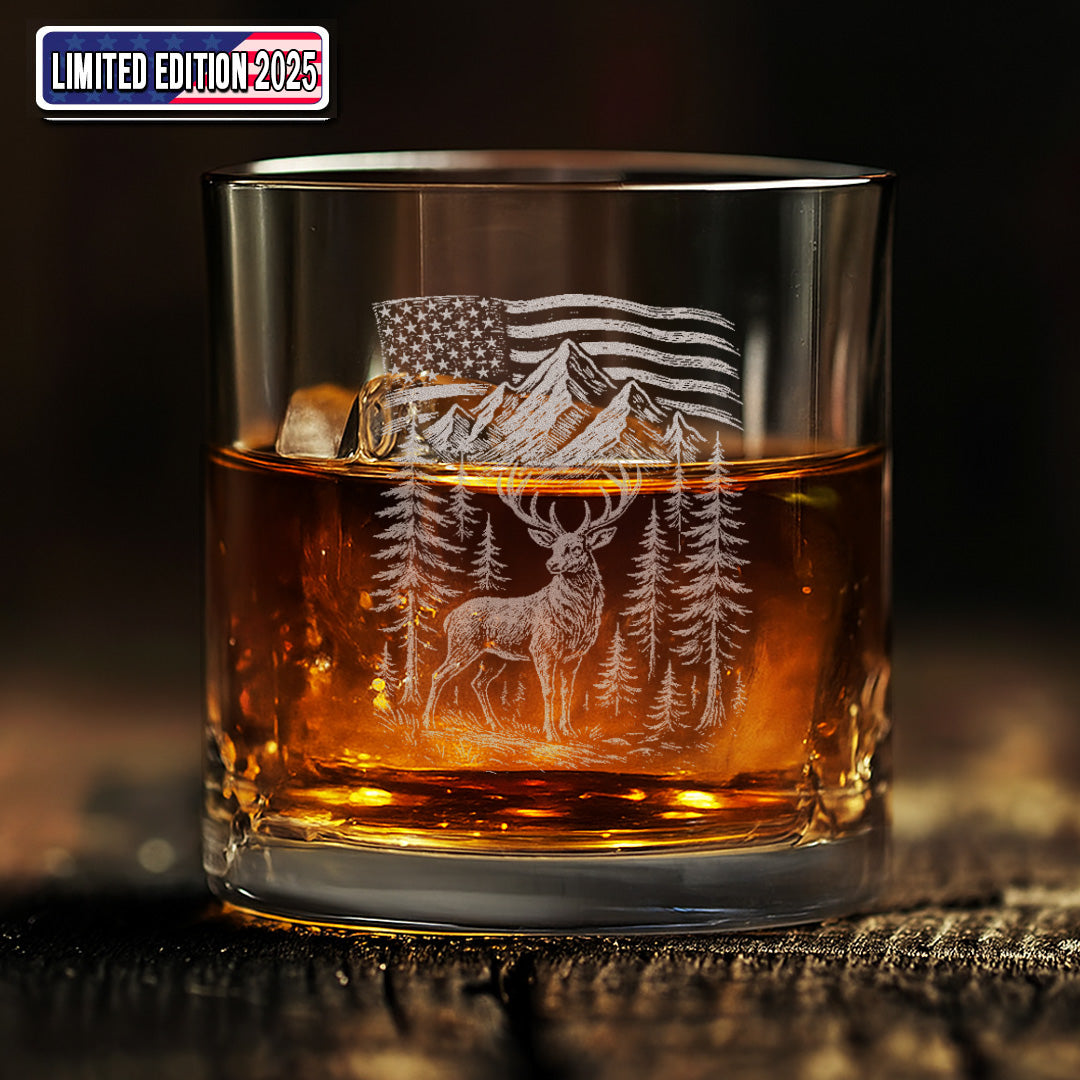 Patriotic Deer Whiskey Glass – Custom Engraved American Flag Hunting Gift for Outdoorsmen 2025 Limited Edition