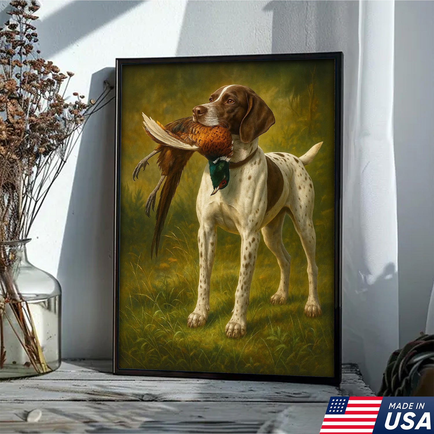 Hunting Dog Canvas Wall Art – Hunting Dog with Pheasant – Rustic Wildlife Canvas Print for Hunter Lodge Decor