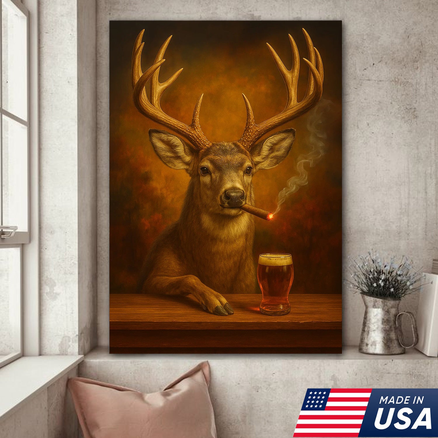 Muke Deer With Smoking & Cocktail Glasses Canvas – Funny Hunting Lodge Wall Art Perfect Gift for Hunters & Cocktail Glasses Lovers