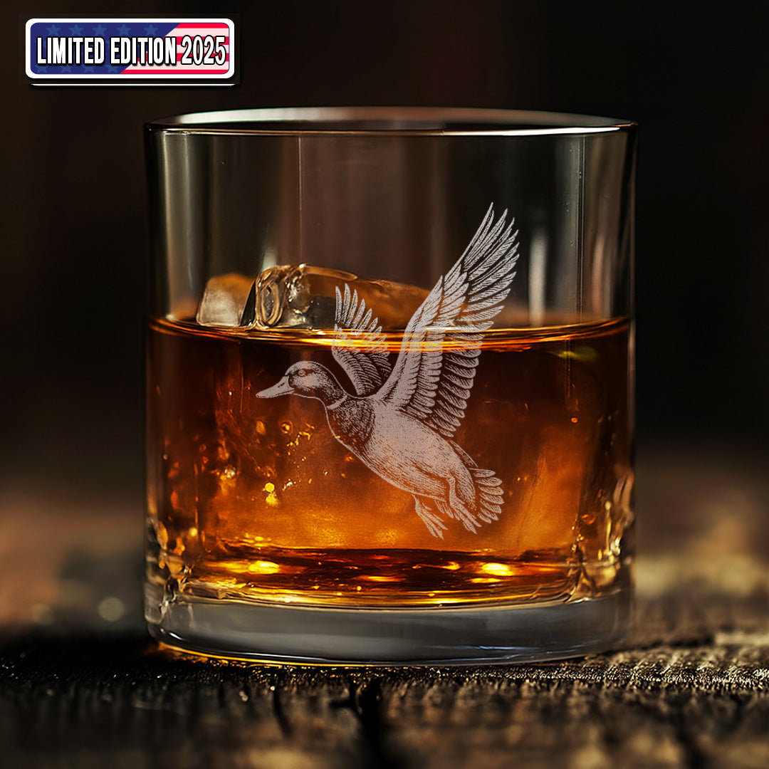 Duck Hunting Whiskey Glass – Custom Engraved Flying Duck Whiskey Glass Gift for Waterfowl Hunters 2025 Limited Edition