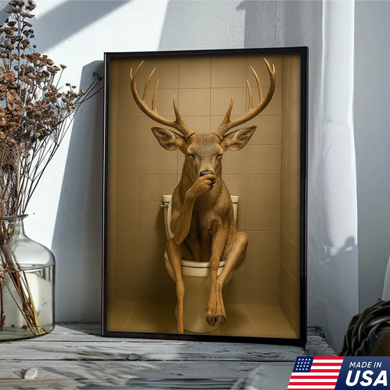 Funny Deer Bathroom Canvas Wall Art – Rustic Toilet Canvas for Cabin, Lodge & Man Cave Decor