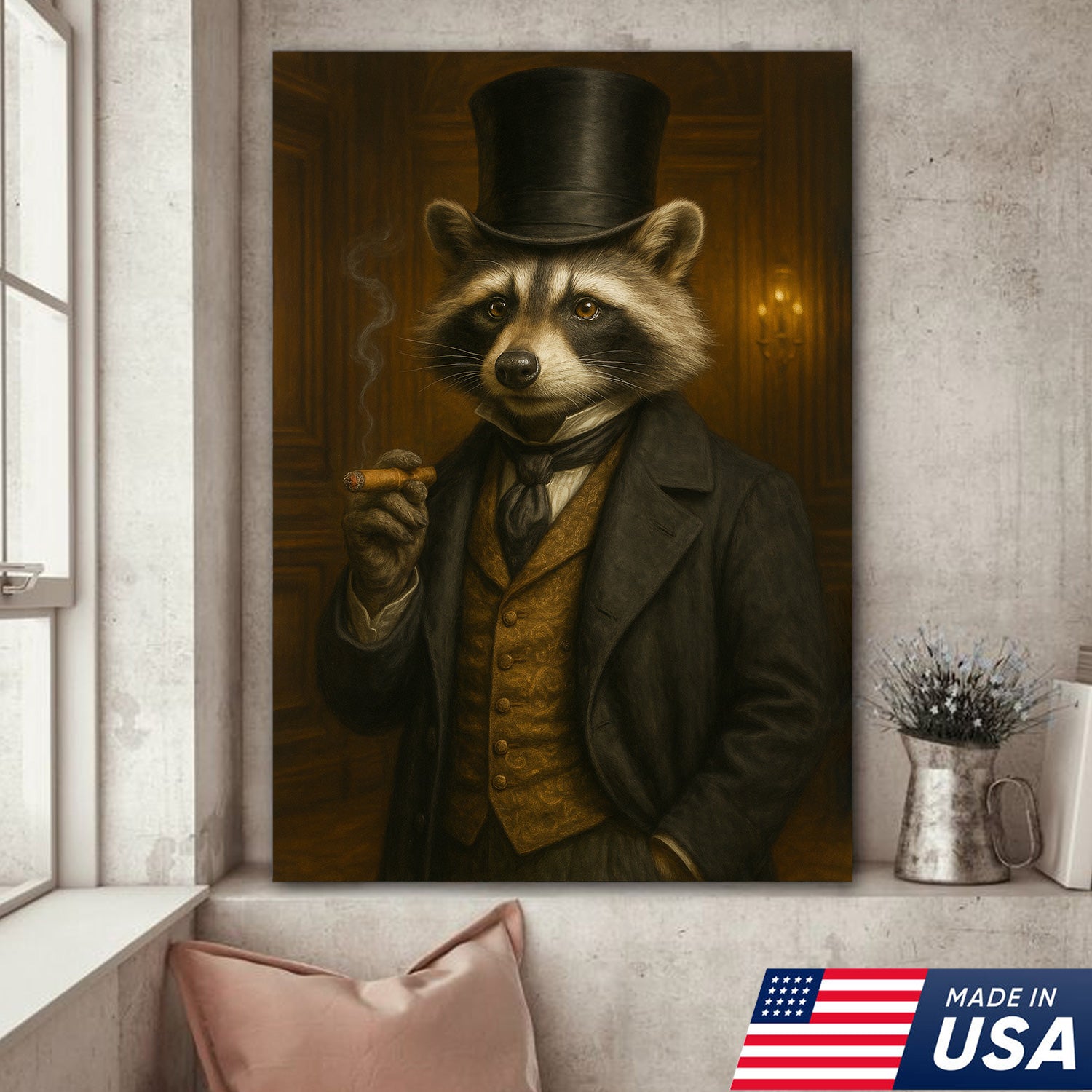 Victorian Gentleman Raccoon Canvas – Whimsical Animal Portrait for Quirky Home Decor & Man Cave