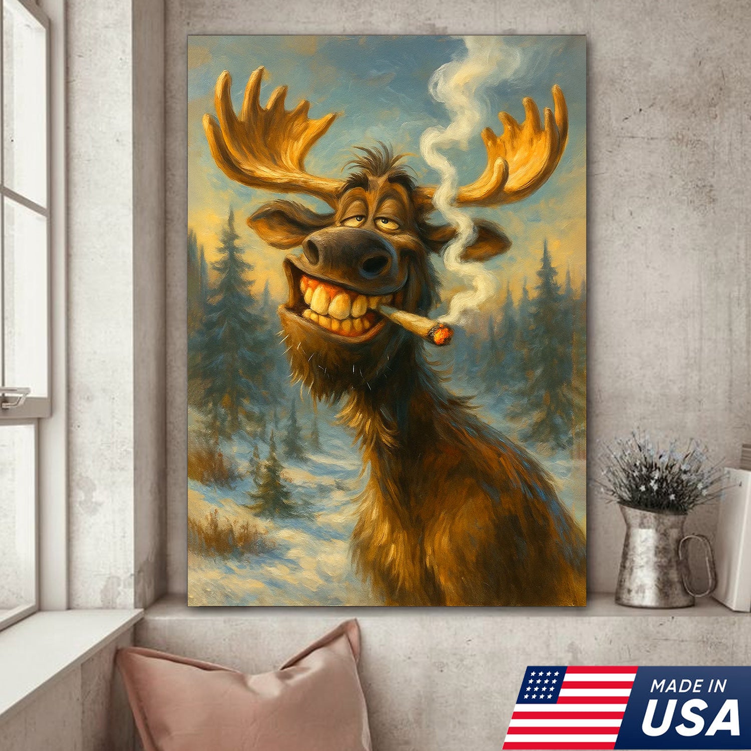 Funny Moose Smoking Canvas Wall Art – Rustic Cabin Lodge Decor