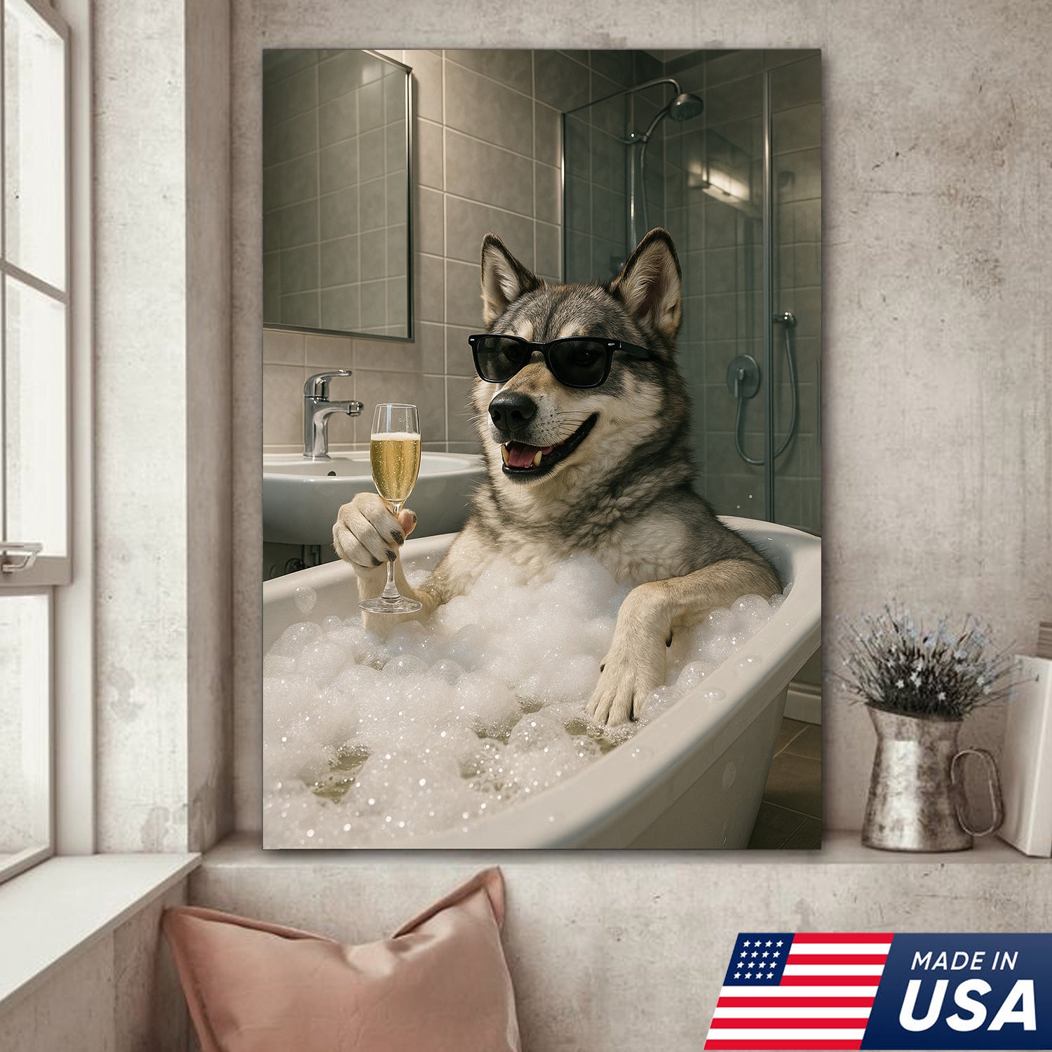 Funny Wolf Canvas Wall Art – Quirky Animal Portrait Relaxing in Bathtub for Bathroom, Rustic Cabin & Home Decor