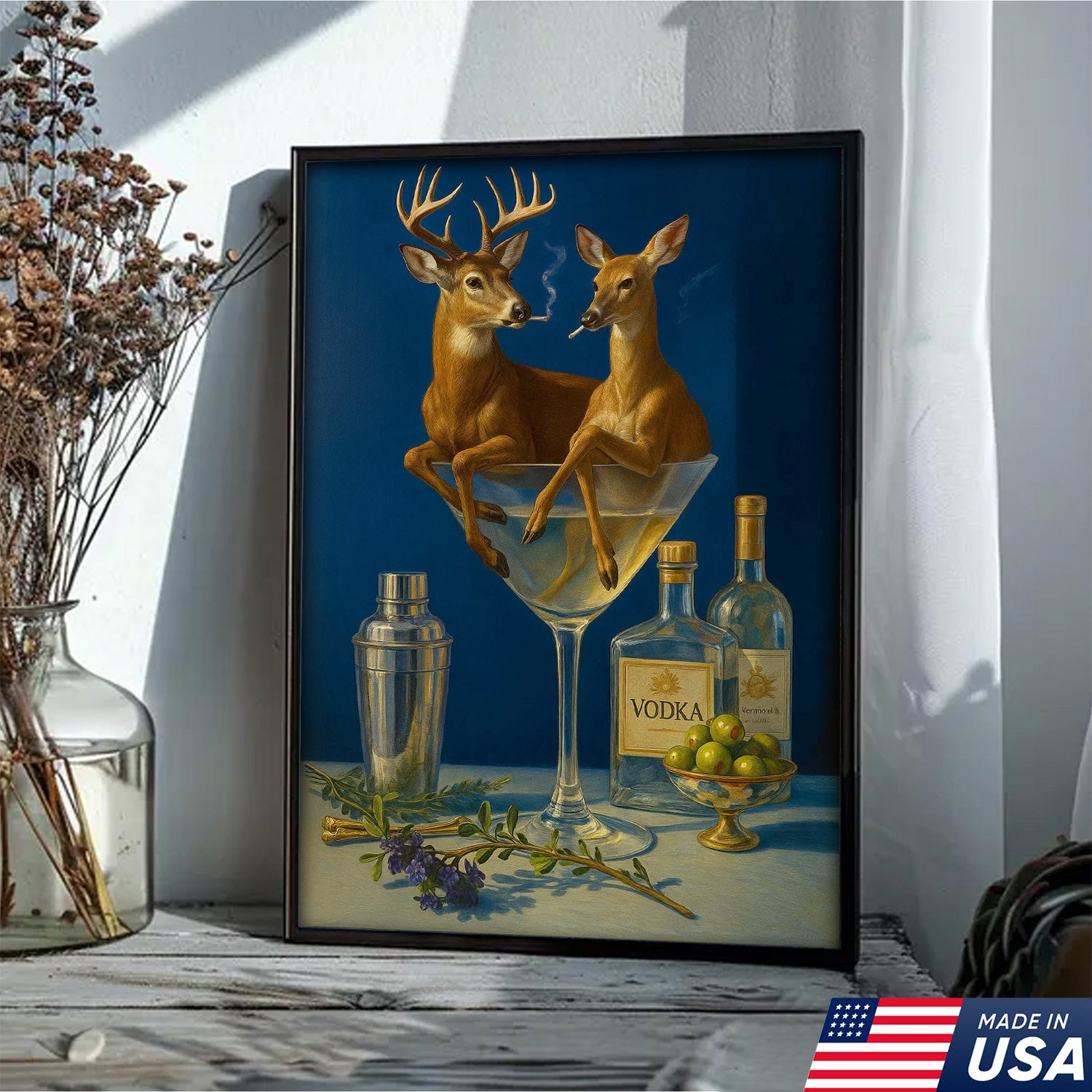 Funny Deer Couple Wall Art Canvas – Whimsical Buck and Doe in Martini Glass – Rustic Lodge Hunting Decor for Home Bar
