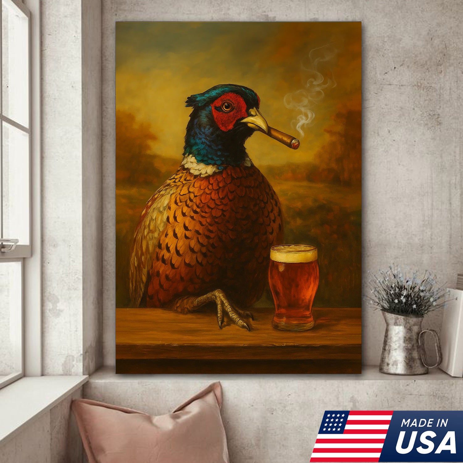 Pheasant With Smoking & Cocktail Glasses Canvas – Hunting Lodge Decor Perfect Gift for Hunters & Cocktail Glasses Lovers