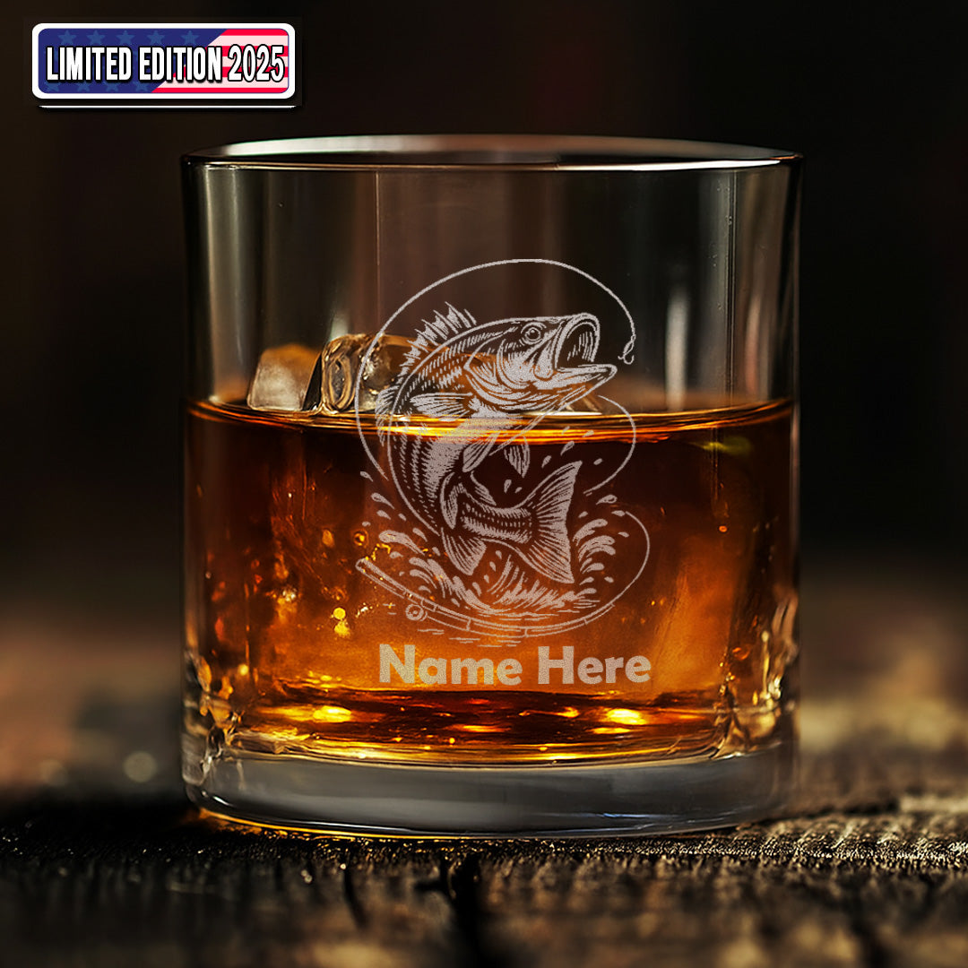 Custom Name Bass Fishing Whiskey Glass – Personalized Engraved Fisherman Gift 2025 Limited Edition