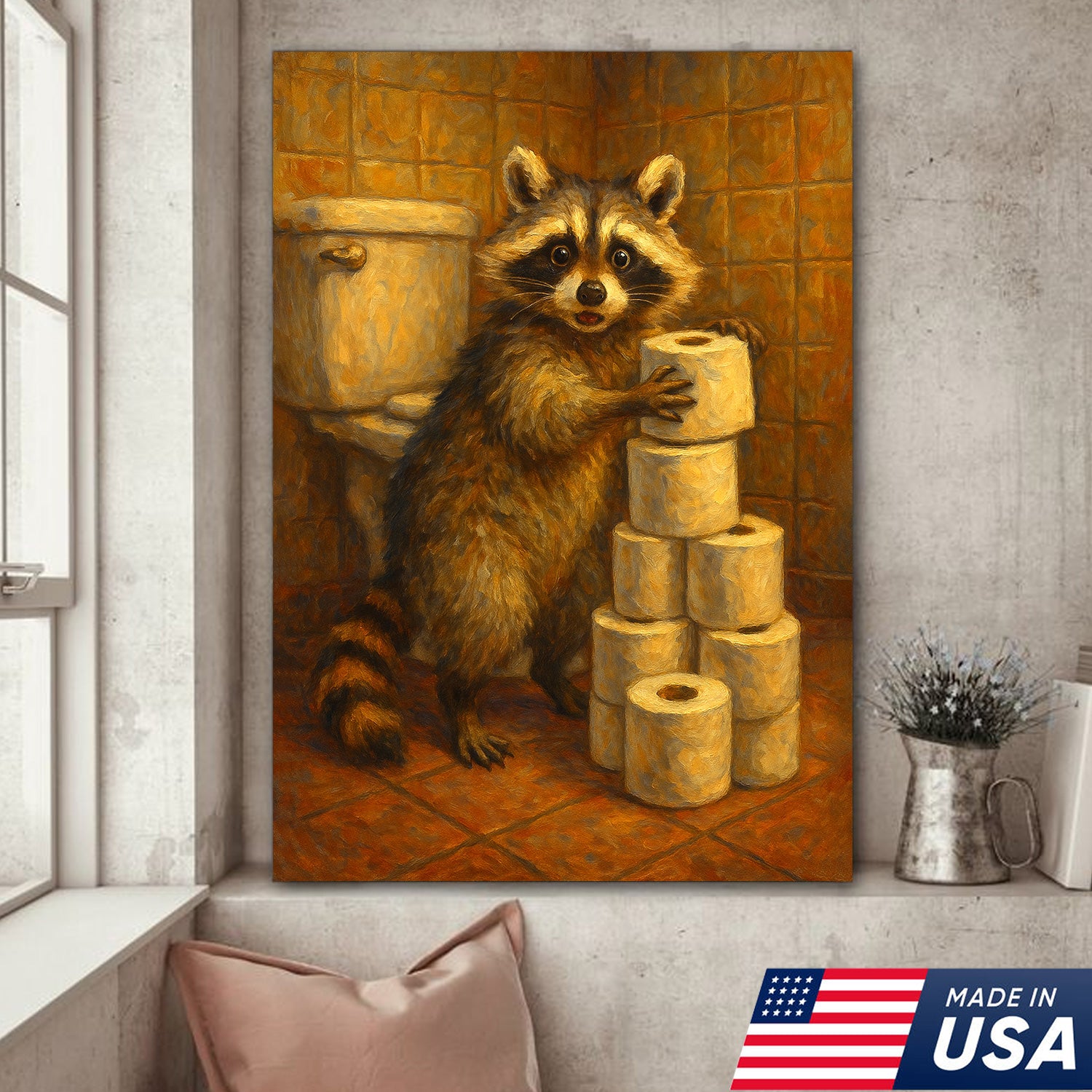 Funny Raccoon Canvas Wall Art – Cute Animal Bathroom Decor with Toilet Paper for Rustic Cabin & Home