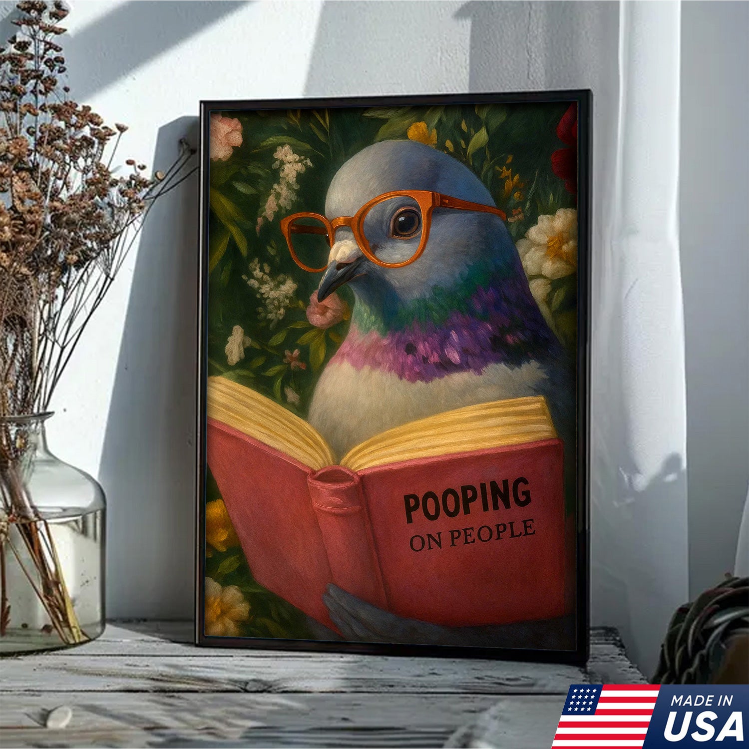 Funny Pigeon Canvas Wall Art - Reading Bird with Glasses Design - Quirky Animal Artwork for Home Decor