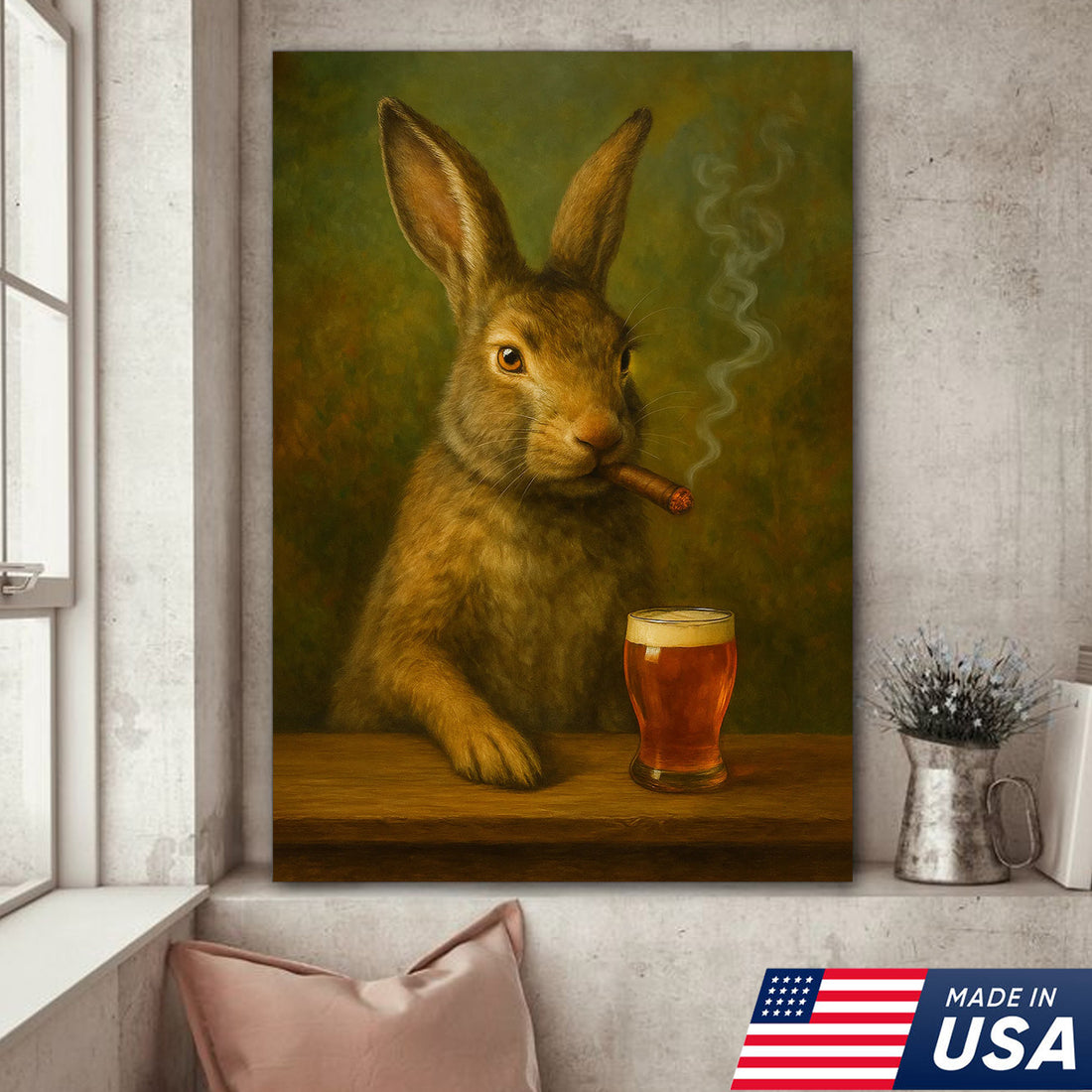 Funny Rabbit Smoking and Drinking Cocktail Glasses Canvas Wall Art – Rustic Cabin Decor