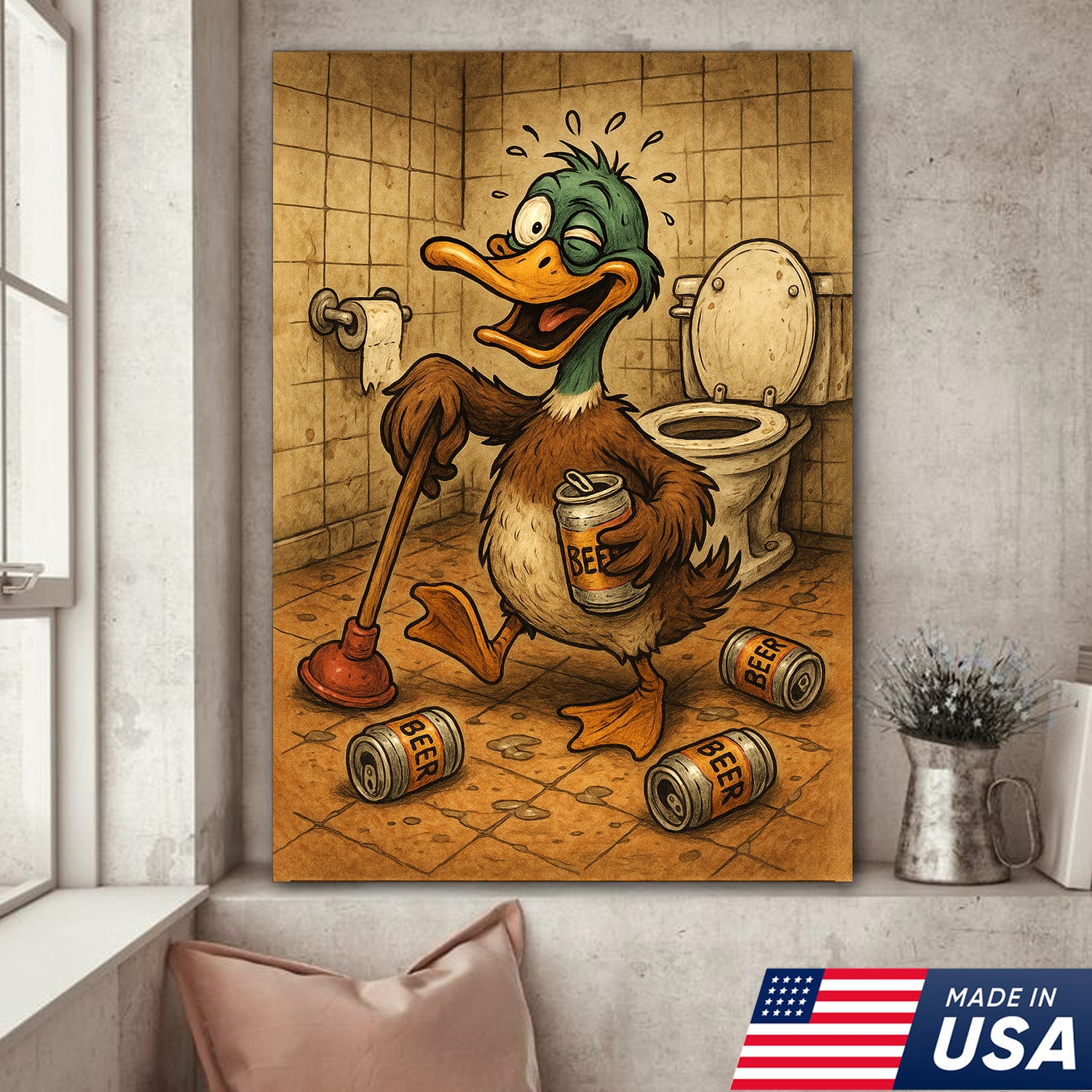 Funny Duck Canvas Wall Art – Hilarious Bathroom Decor with Soda Cans and Plunger for Rustic Cabin & Home