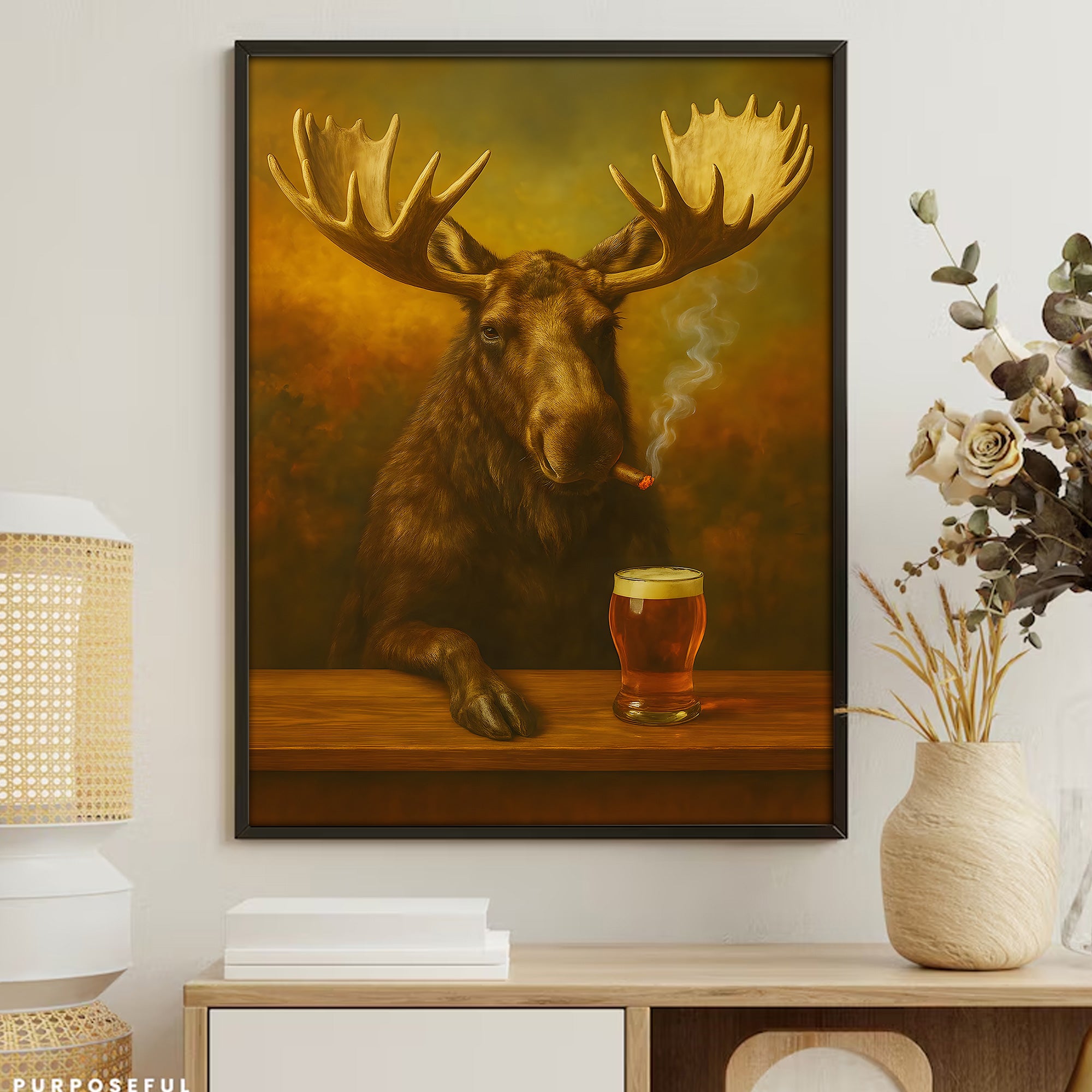 Moose Smoking & Drinking Canvas - Rustic Bar Wall Art Hunting Lodge & Man Cave Decor