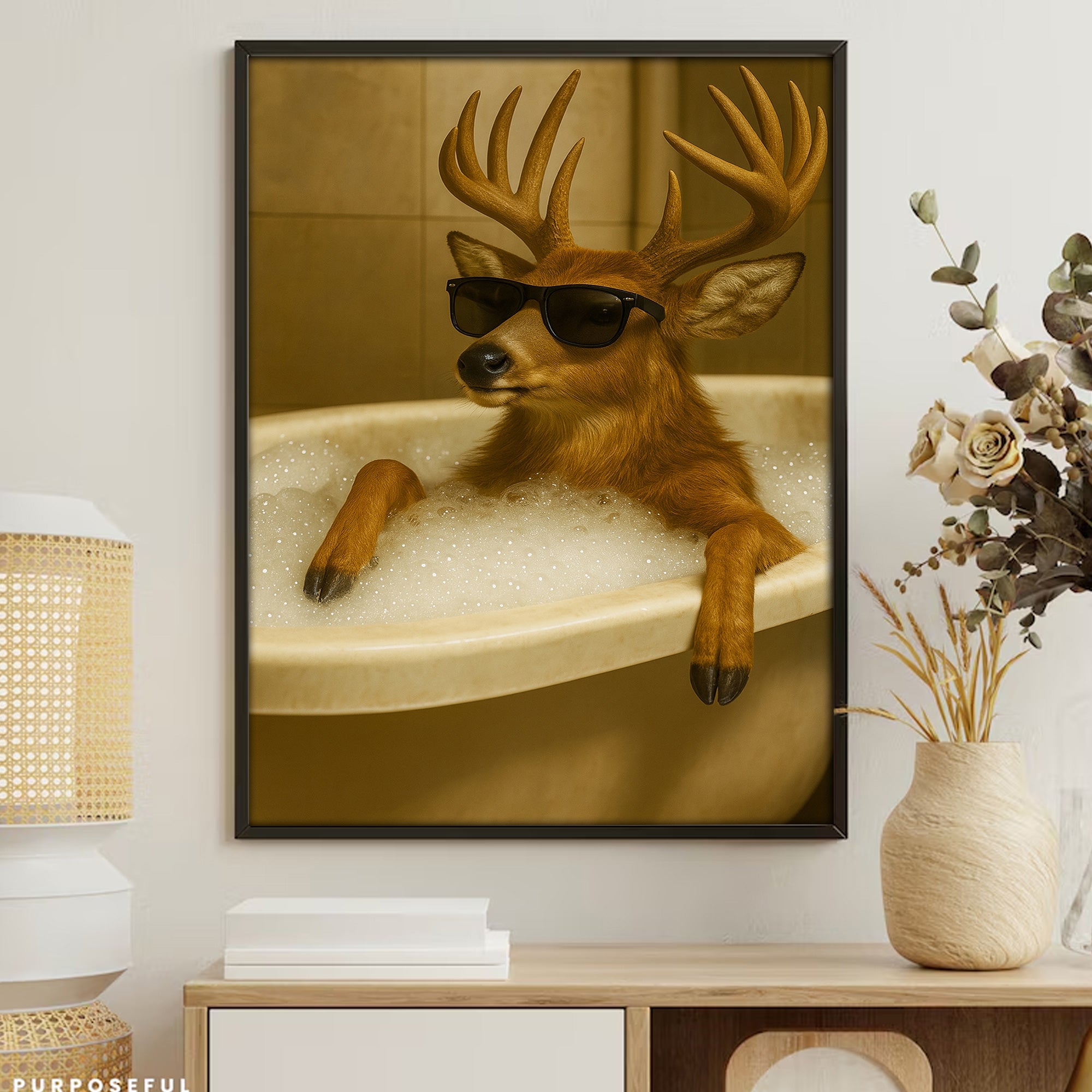 Funny Deer Wall Art – Cool Buck in Bathtub Poster for Hunters & Rustic Cabin Decor