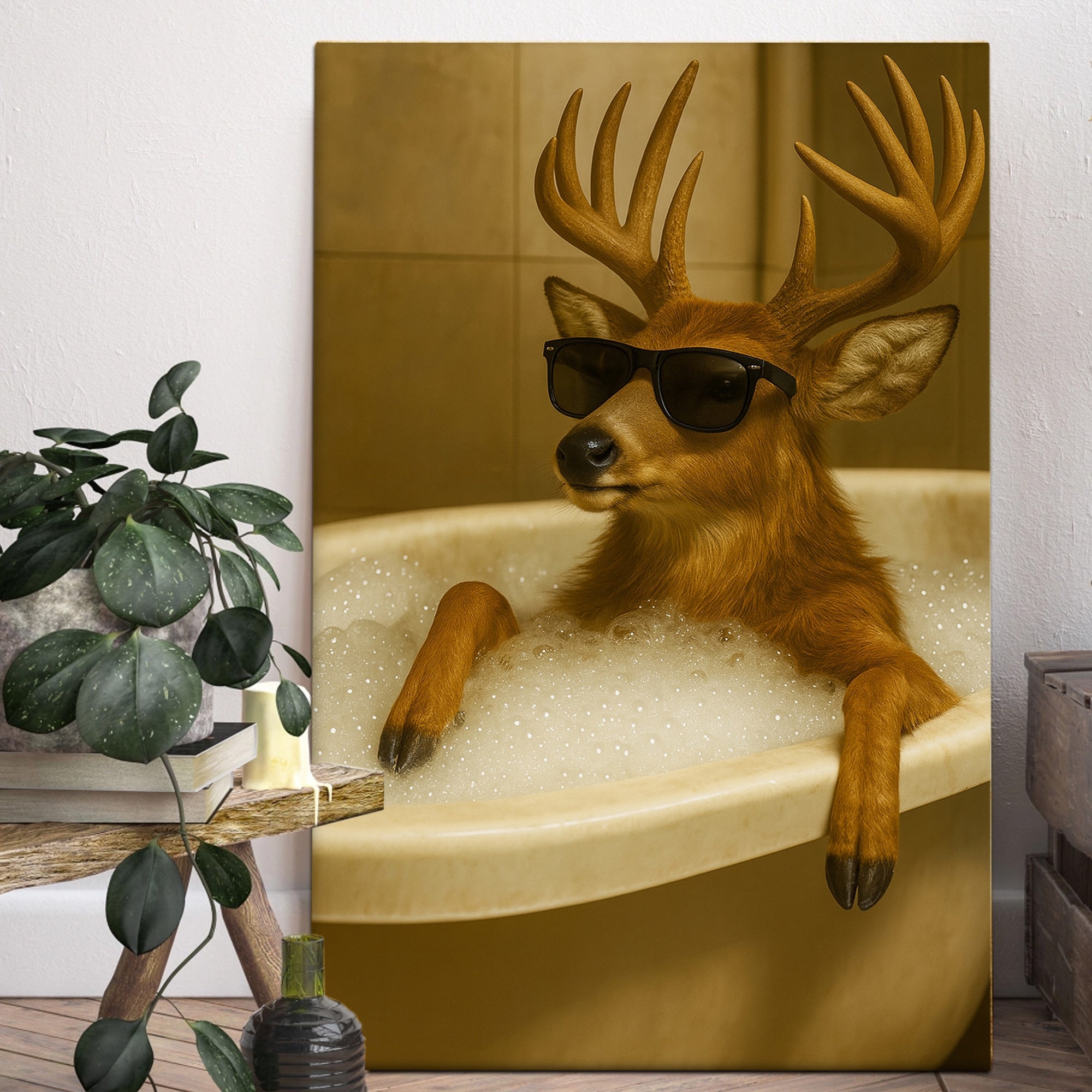 Funny Deer Wall Art – Cool Buck in Bathtub Poster for Hunters & Rustic Cabin Decor