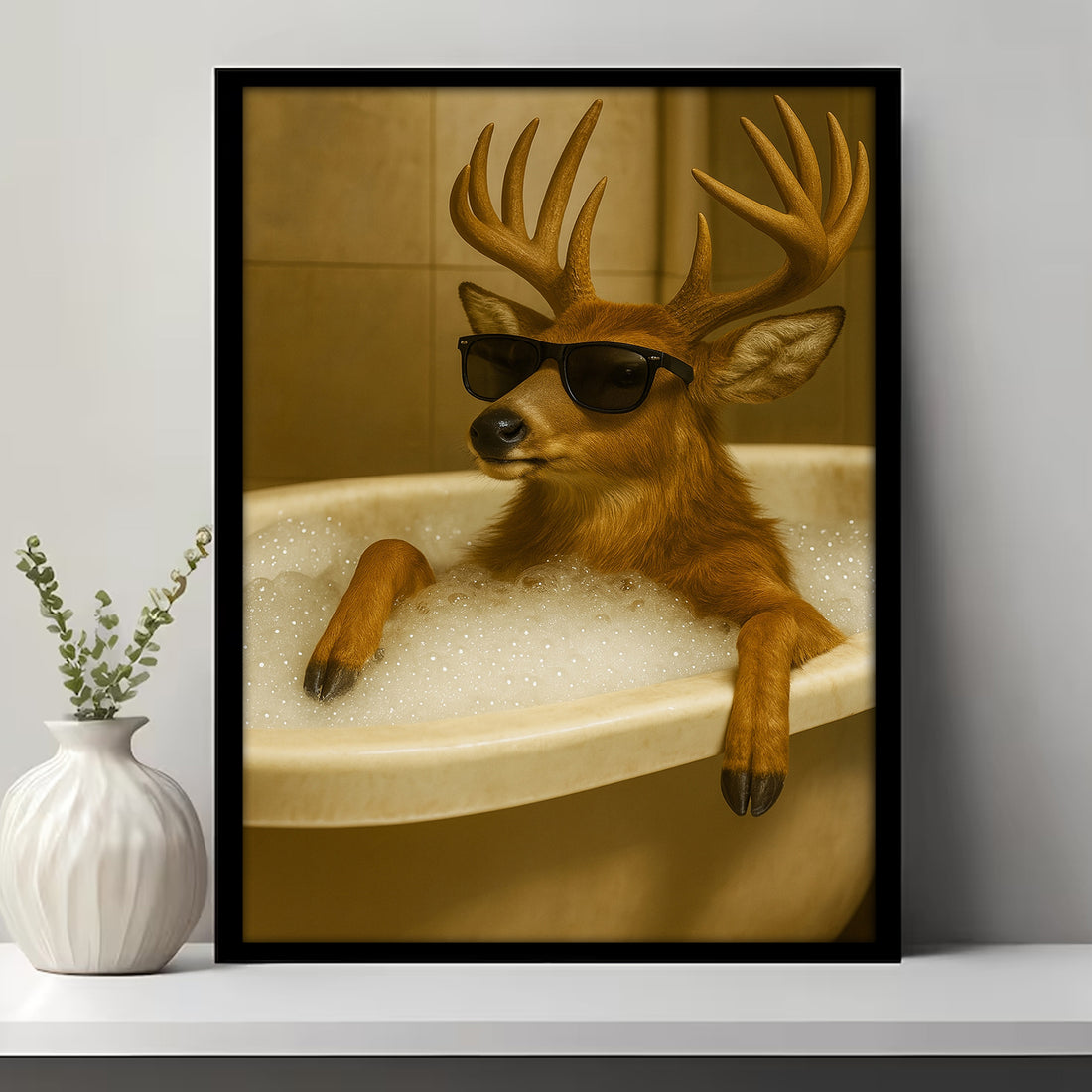 Funny Deer Wall Art – Cool Buck in Bathtub Poster for Hunters & Rustic Cabin Decor