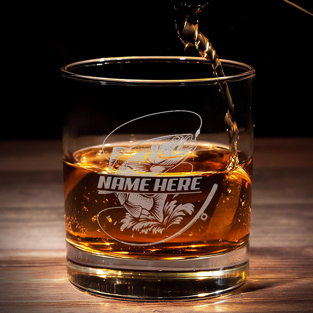 Custom Name Trout Fishing Whiskey Glass – Personalized Engraved Fly Fisherman Gift