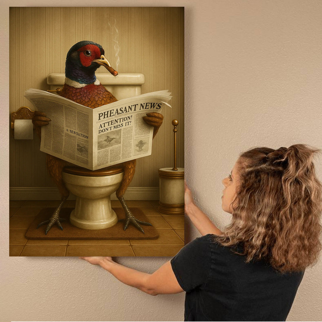 Phesan Reading News Smoking Bathroom Wall Art – Rustic Decor for Men, Hilarious Gift for Men, Hunter