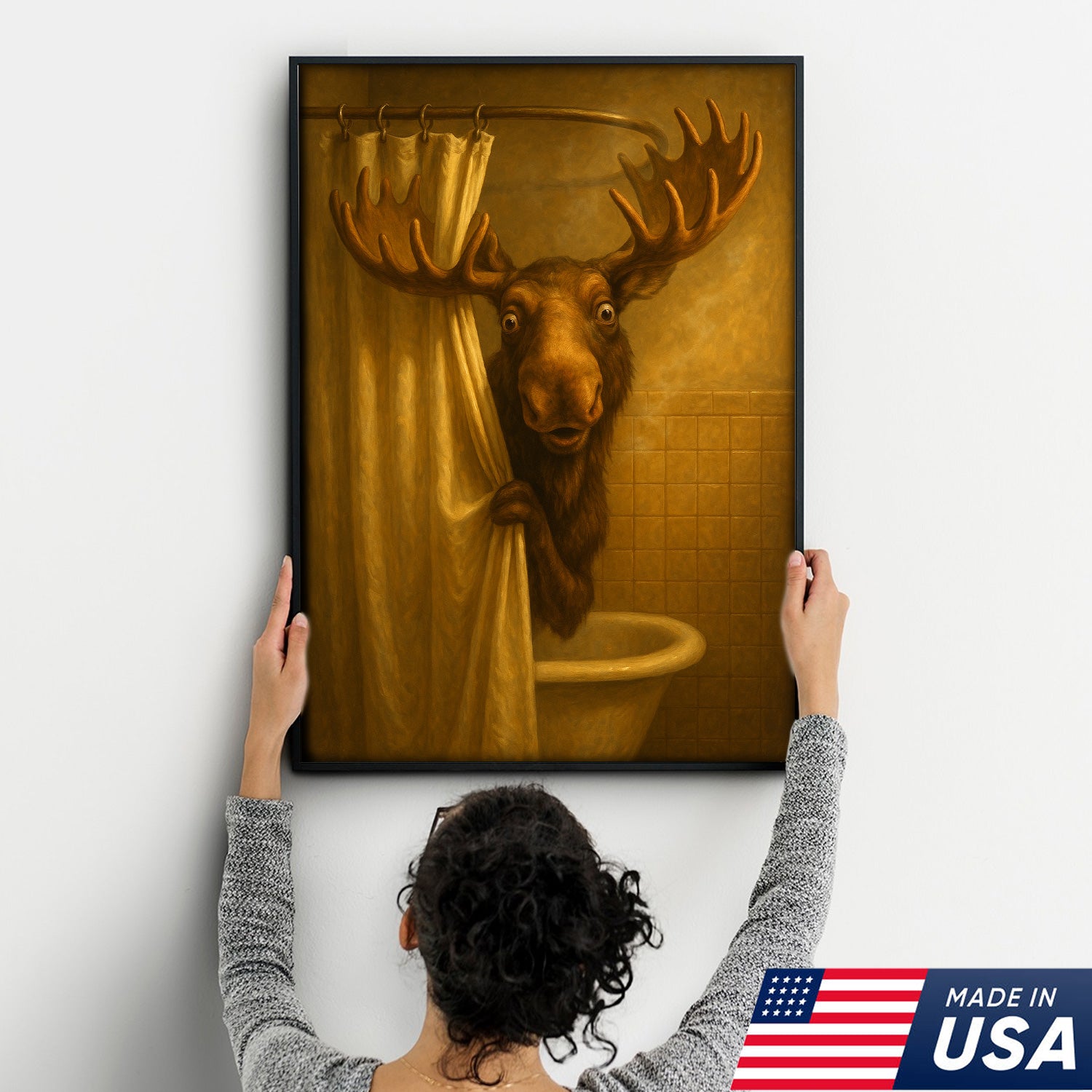Funny Moose Bathroom Canvas Wall Art – Rustic Lodge Cabin Decor for Bathroom, Man Cave & Rustic Homes