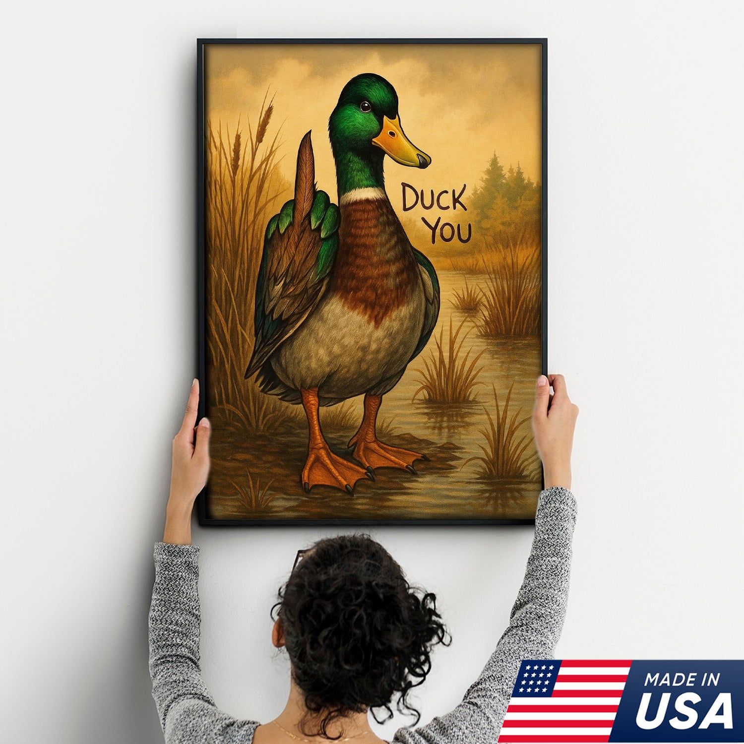 Funny Mallard Duck Canvas Wall Art – Cheeky Bathroom Decor, Rustic Lake House & Farmhouse Print