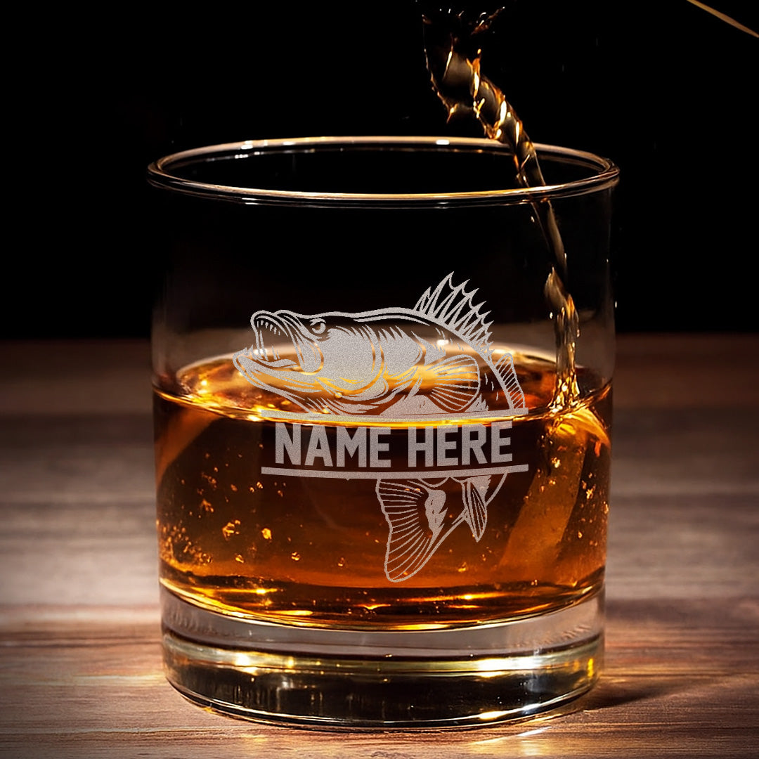 Personalized Engraved Whiskey Glass, Custom Fishing Rocks Glass, Gift for Fishermen, Rustic Barware
