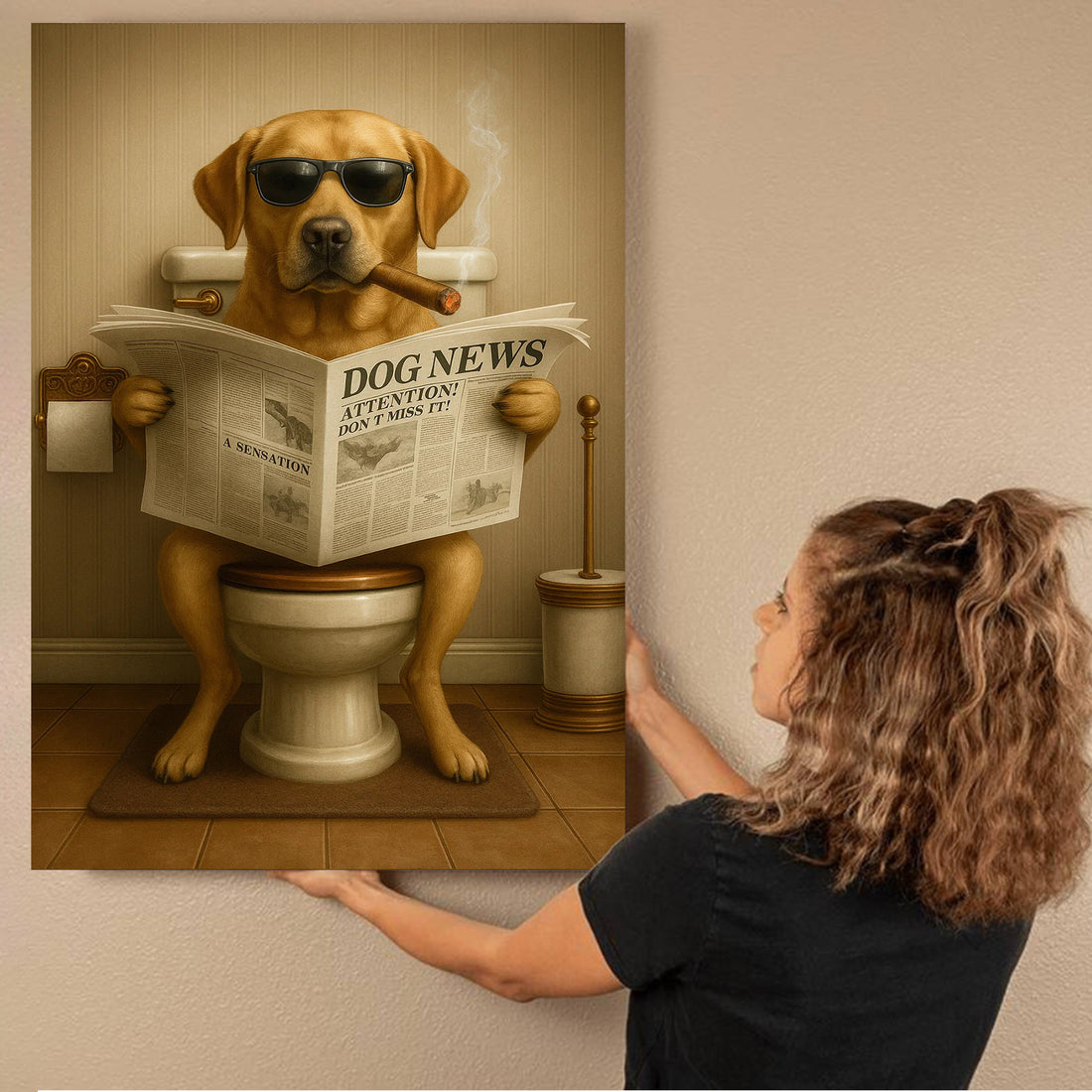 Funny Labrador Bathroom Poster Canvas – Dog on Toilet Reading Newspaper - Rustic Bathroom Decor, Gift for Dog Dads