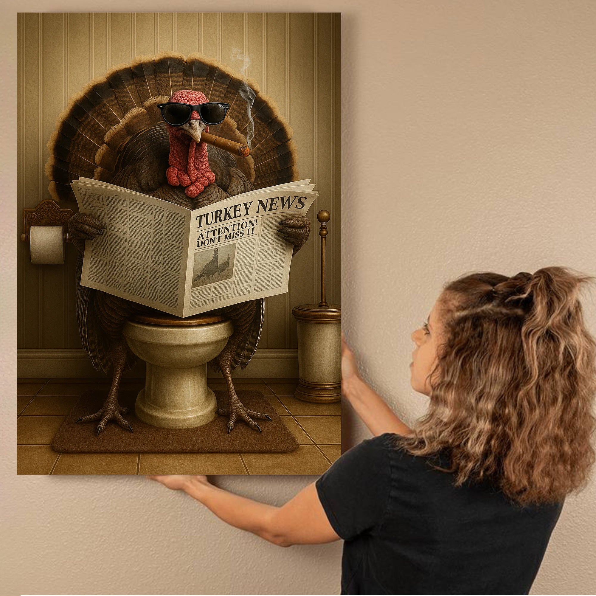 Turkey Reading News Smoking Bathroom Wall Art – Rustic Decor for Men, Hilarious Gift for Men, Hunter