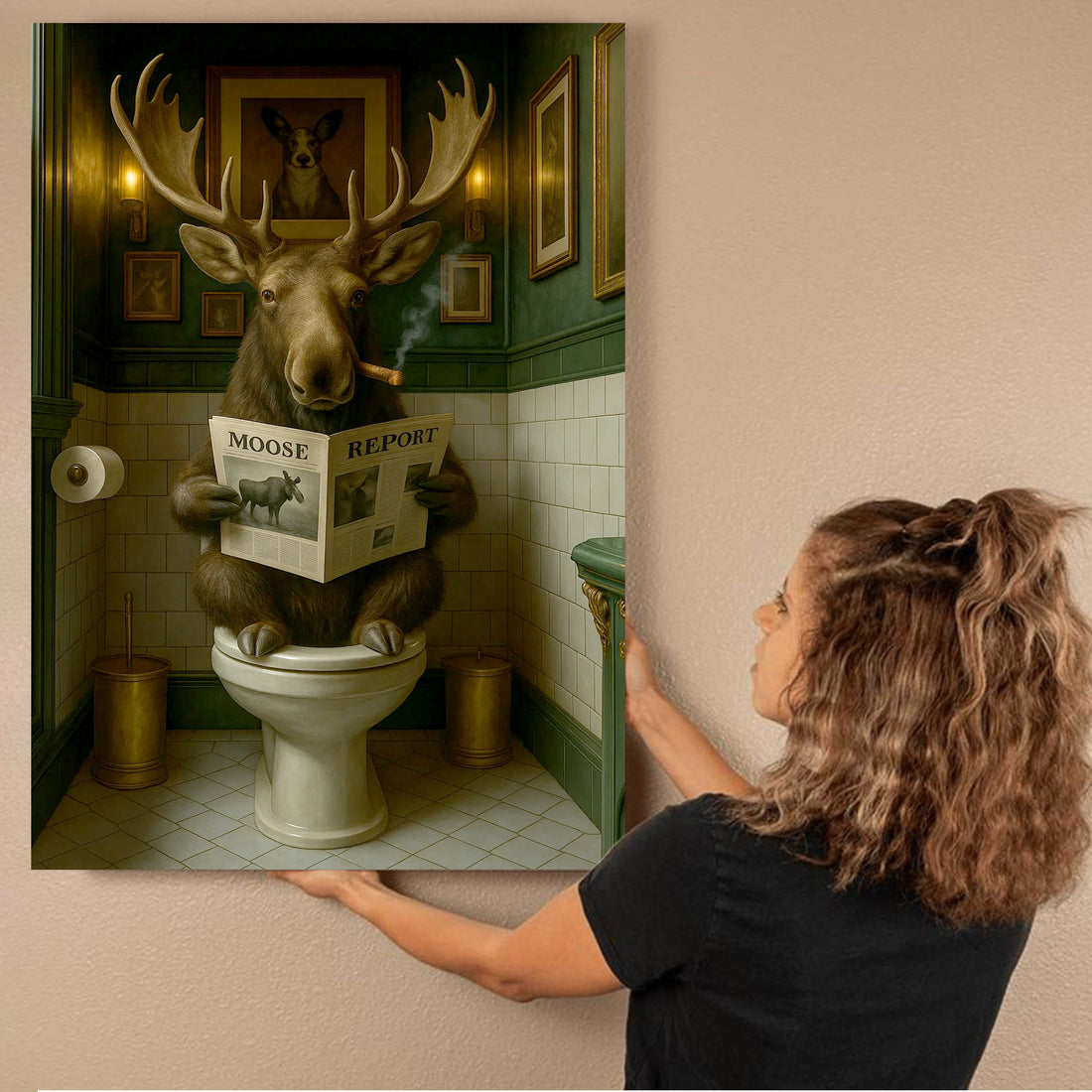 Funny Moose Bathroom Poster Canvas – Rustic Lodge Wall Art with Moose Reading ‘Moose Report’ - Gift for Hunters & Men