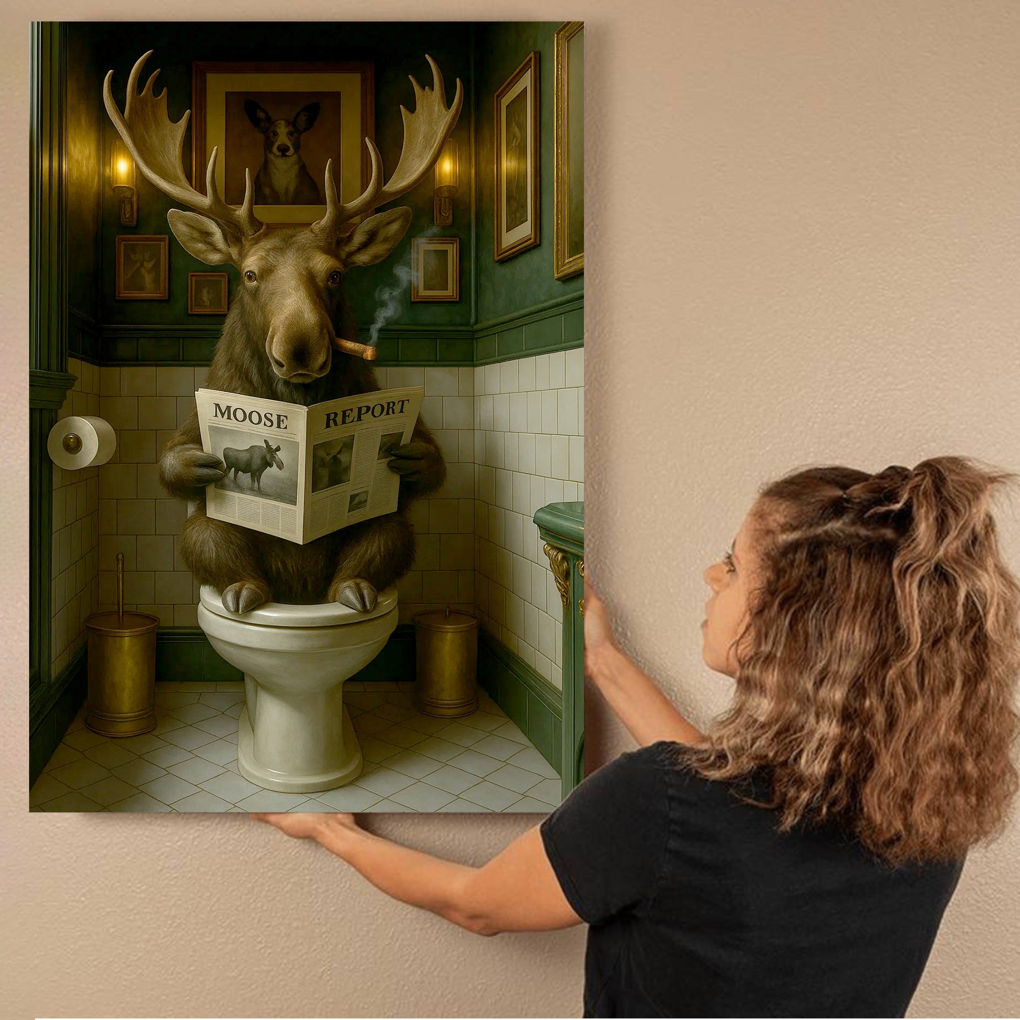 Funny Moose Bathroom Poster Canvas – Rustic Lodge Wall Art with Moose Reading ‘Moose Report’ - Gift for Hunters & Men