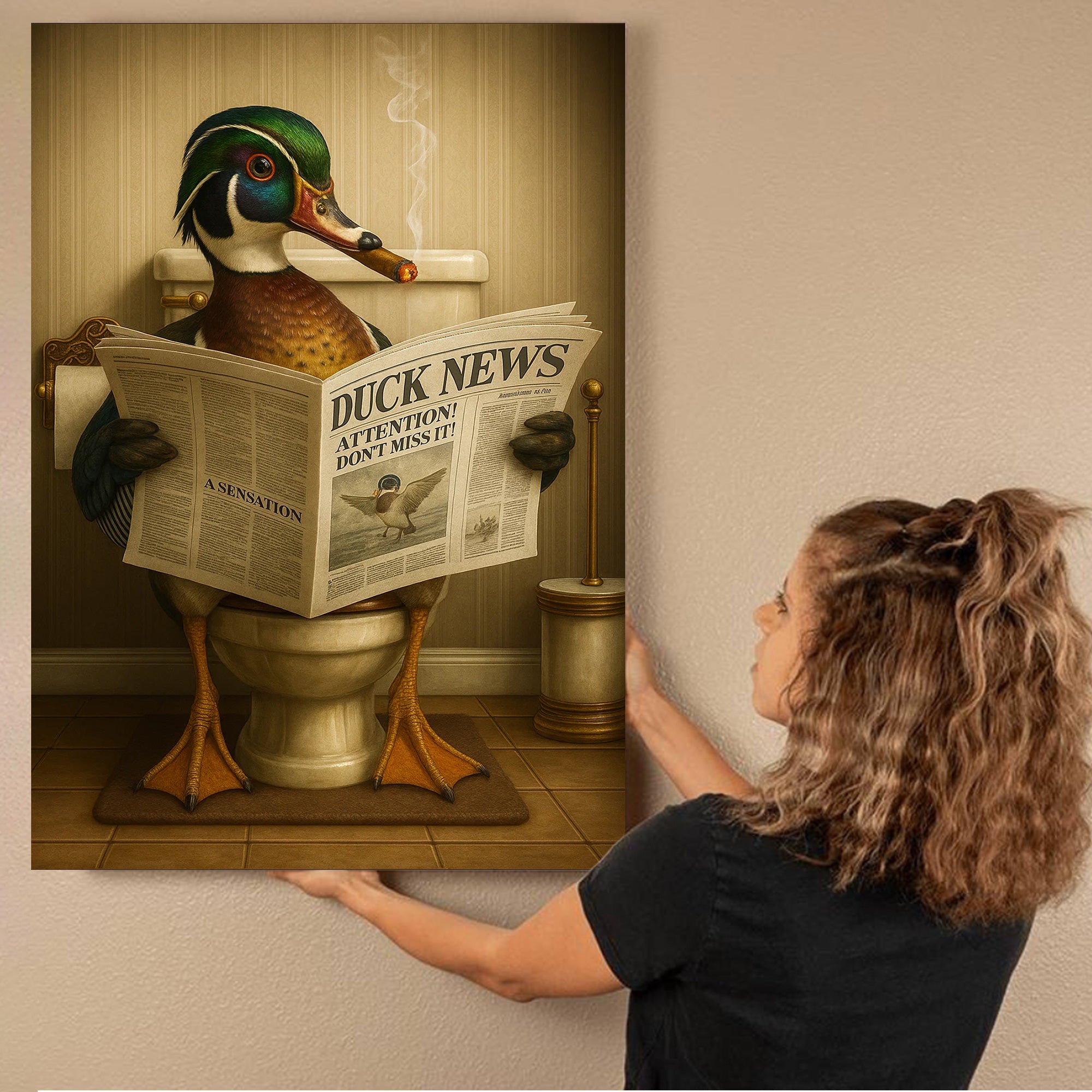 Funny Wood Duck Read Newspaper Bathroom Canvas – Hunting Wildlife Animal Poster - Unique Gift for Dad, Hunters