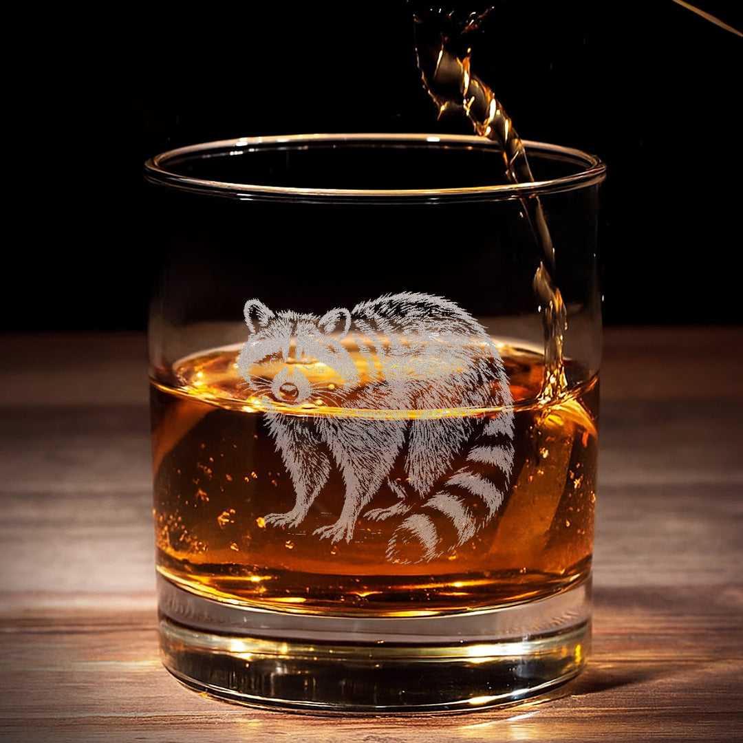 Wildlife Raccoon Engraved Whiskey Glass – Custom Rocks Glass Gift for Hunters & Wildlife Lovers