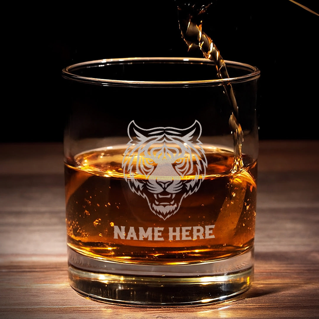 Personalized Tiger Engraved Whiskey Glass – Custom Name Rocks Glass Gift for Bold Whiskey Drinkers & Hunters