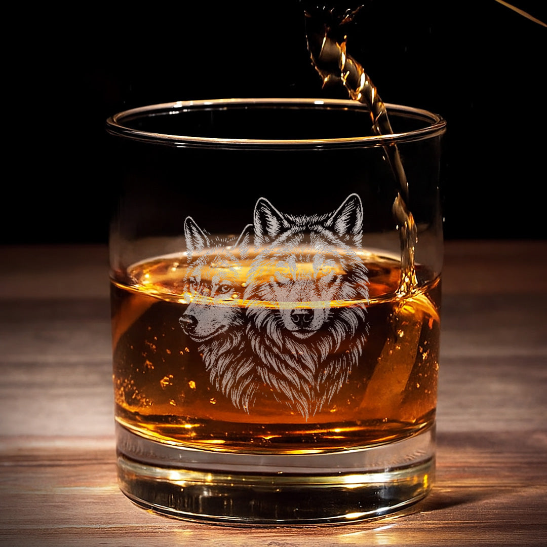 Engraved Wolf Whiskey Glass – Gift for Hunters, Outdoorsmen & Rustic Bar Deco