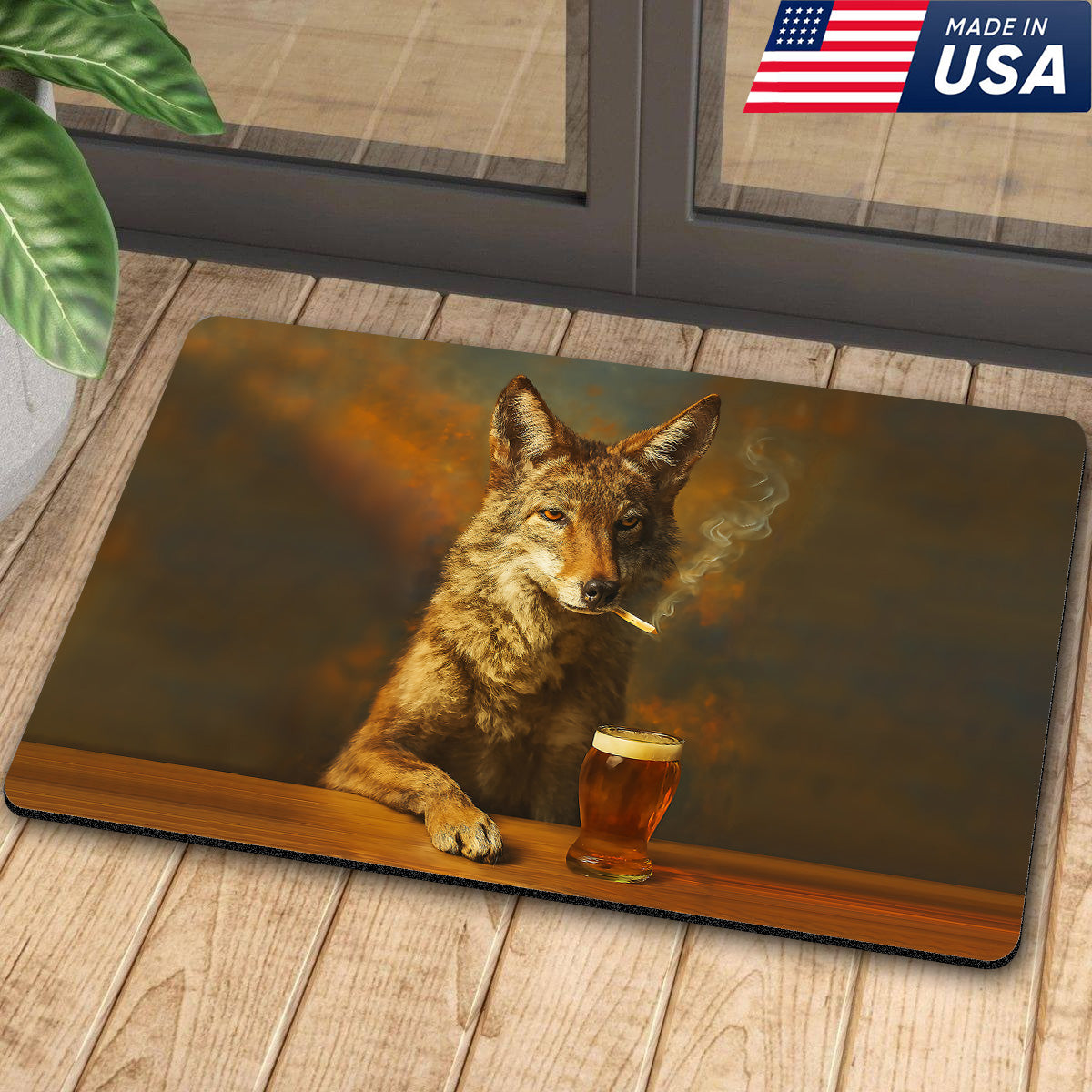 Wolf Smoking & Bar Glassware Doormat – Funny Animal Floor Mat for Hunters, Bars & Man Cave Decor