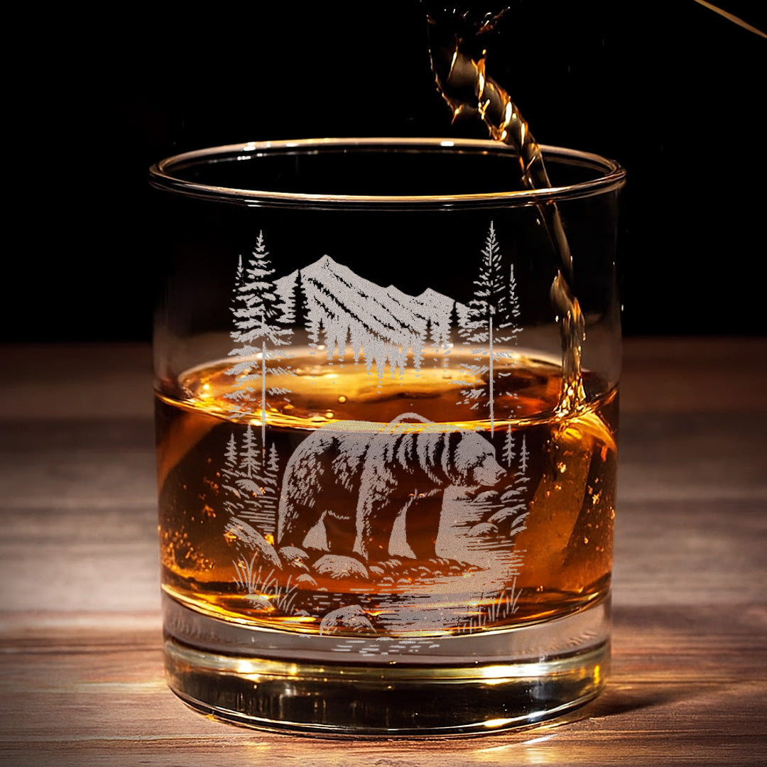 Bear Forest Engraved Whiskey Glass, Rustic Barware Gift for Hunters, Outdoorsmen & Whiskey Lovers
