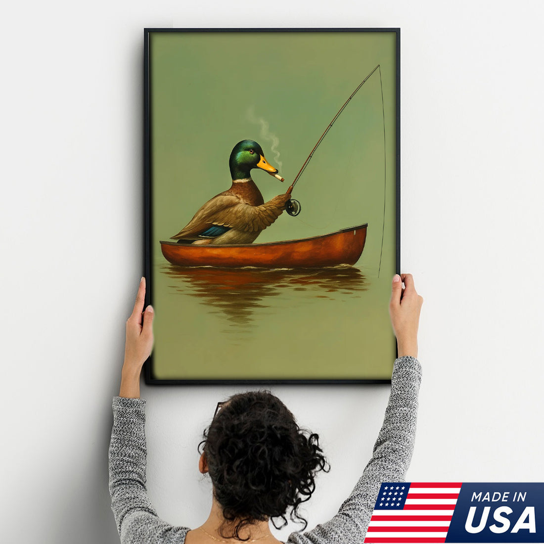 Funny Duck Fishing Canvas Wall Art, Rustic Cabin Decor for Hunters & Fishermen