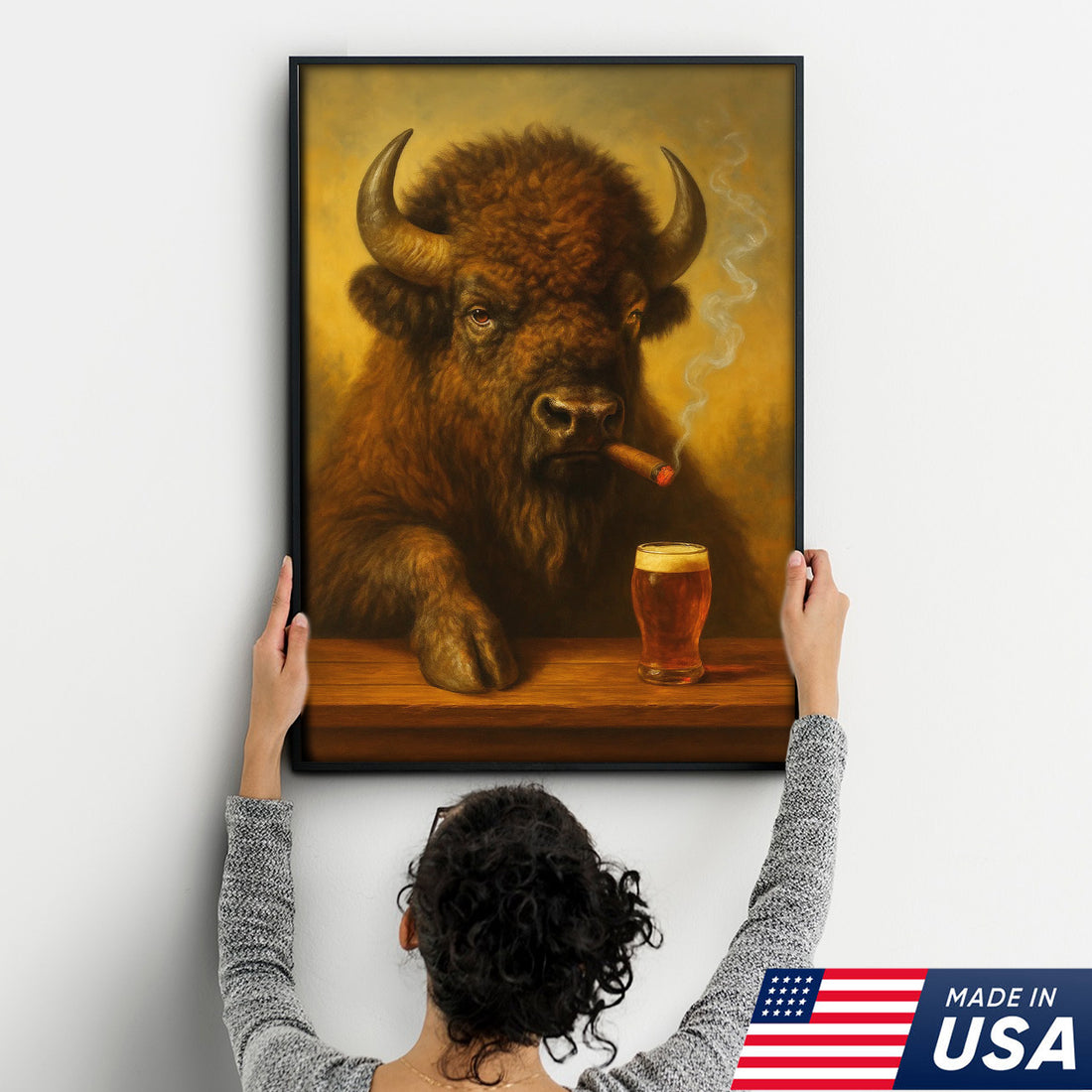 Funny Bison Smoking & Drinking Canvas Wall Art - Rustic Bar & Hunting Lodge Decor