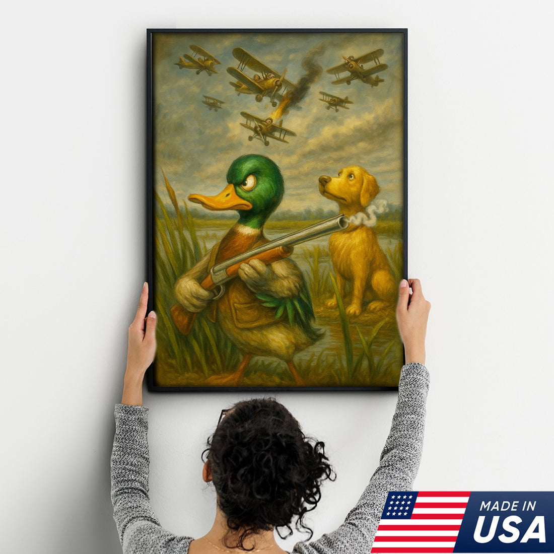 Funny Duck with Shotgun Canvas Wall Art – Hunting Dog & Airplane Battle Rustic Decor, Man Cave Lodge Gift