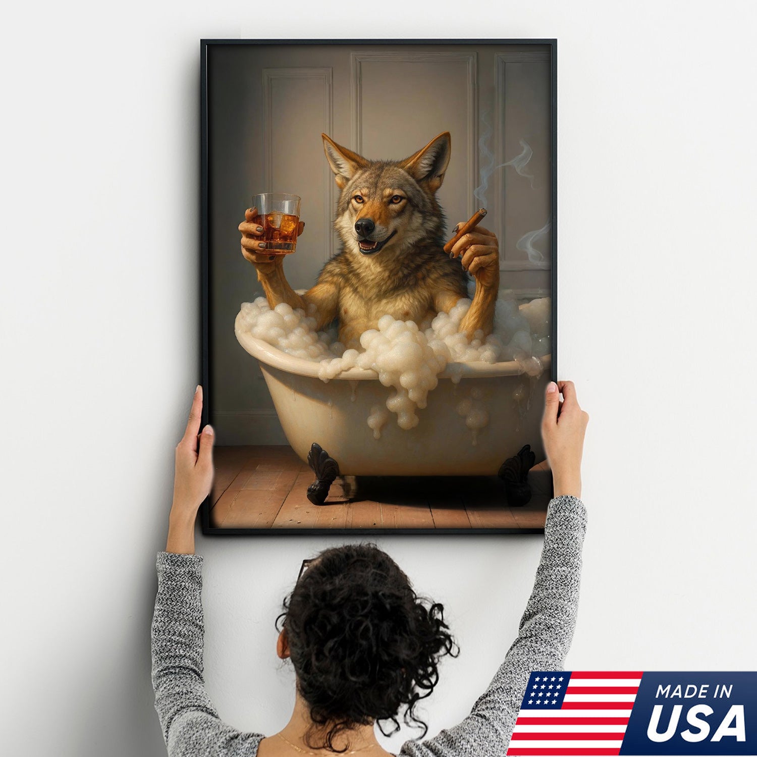Wolf Coyote Chilling in Bubble Bath Canvas Wall Art – Whimsical Bathroom Decor, Rustic Farmhouse & Cabin Print