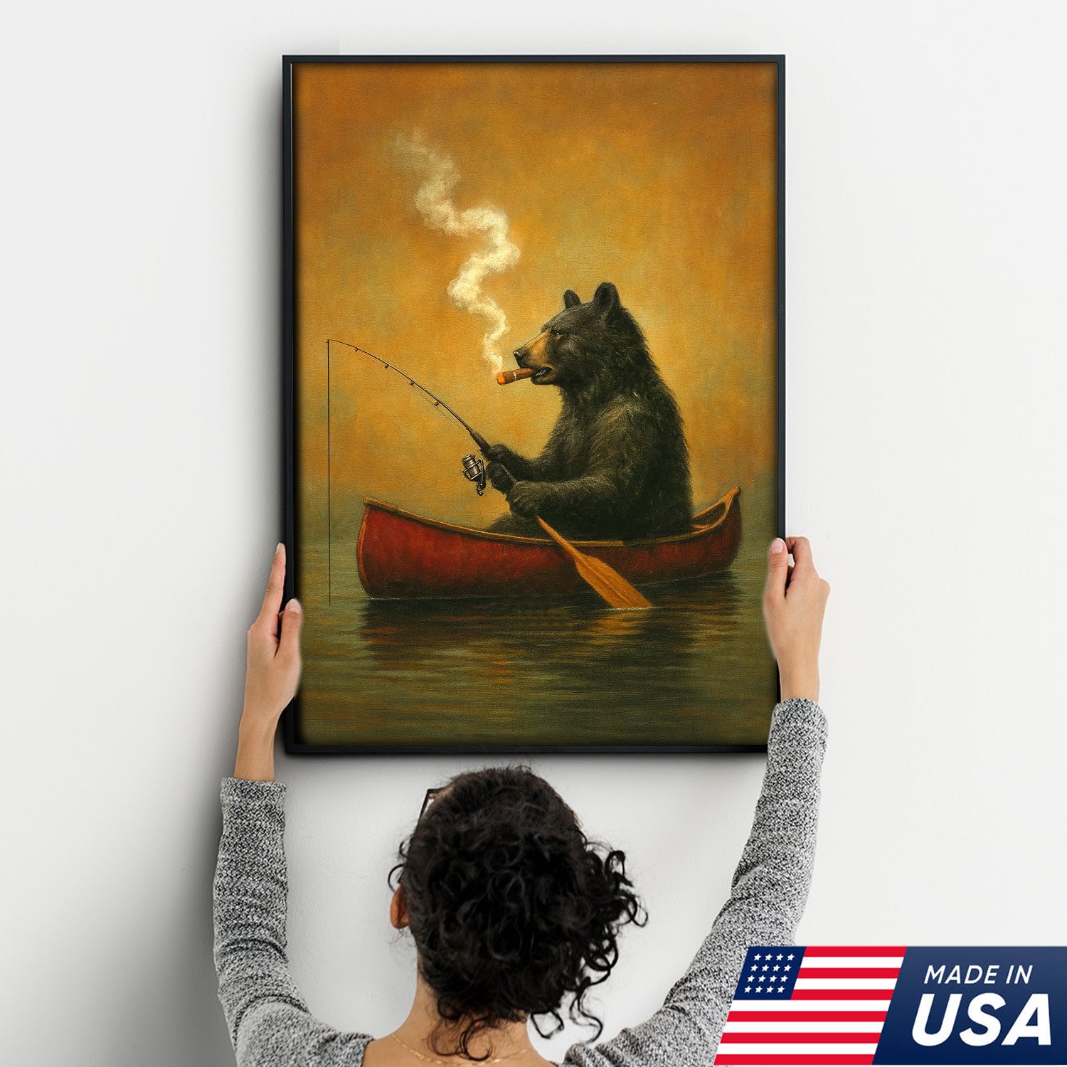Bear Smoking Fishing Canvas, Funny Lodge Wall Art, Canoe Fishing Rustic Cabin Wall Art