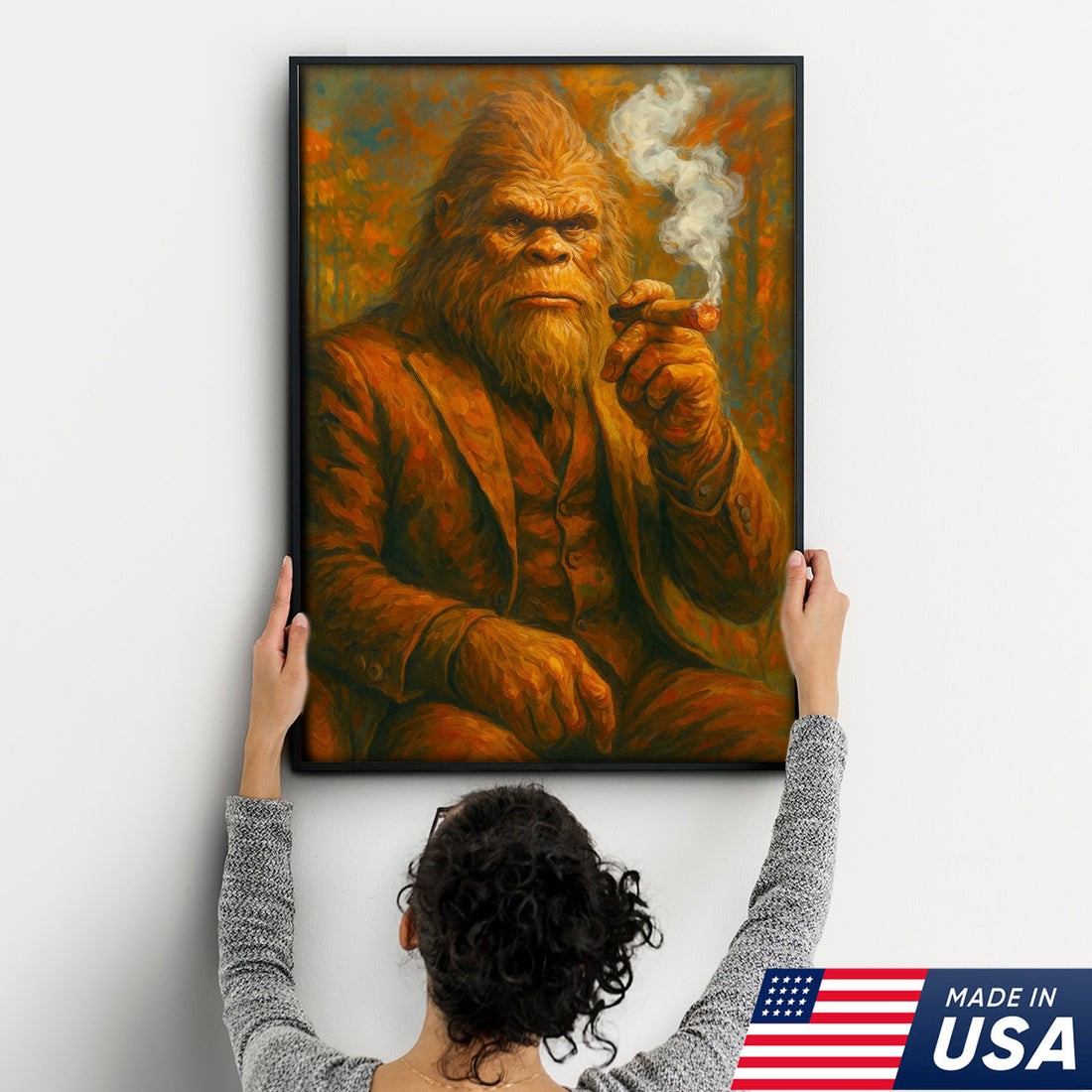 Bigfoot Smoking Canvas, Sasquatch Wall Art Print for Man Cave, Rustic Cabin & Smoking Lounge