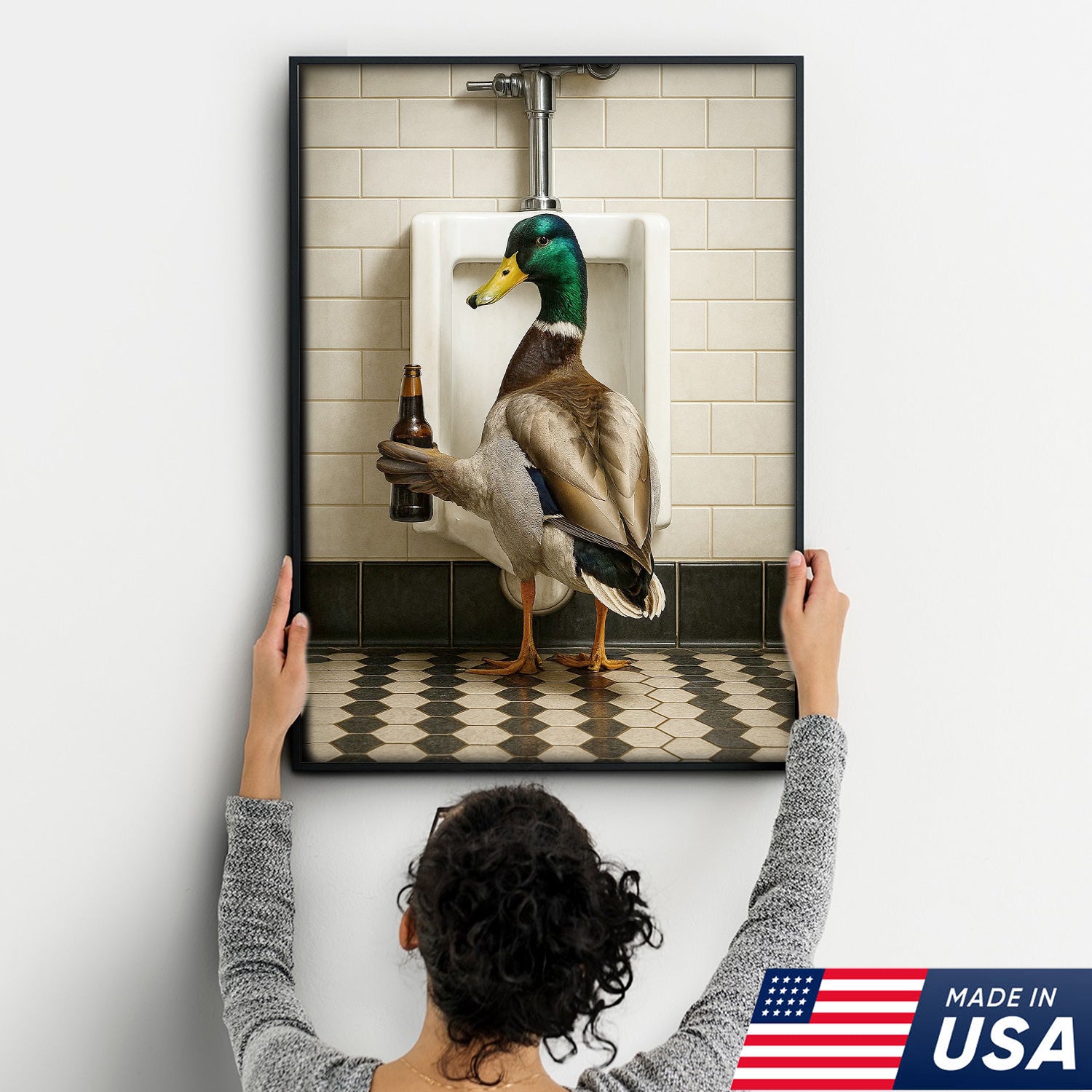 Funny Mallard Duck Holding Beer Bathroom Canvas – Duck at Urinal Wall Art, Rustic Cabin & Man Cave Decor