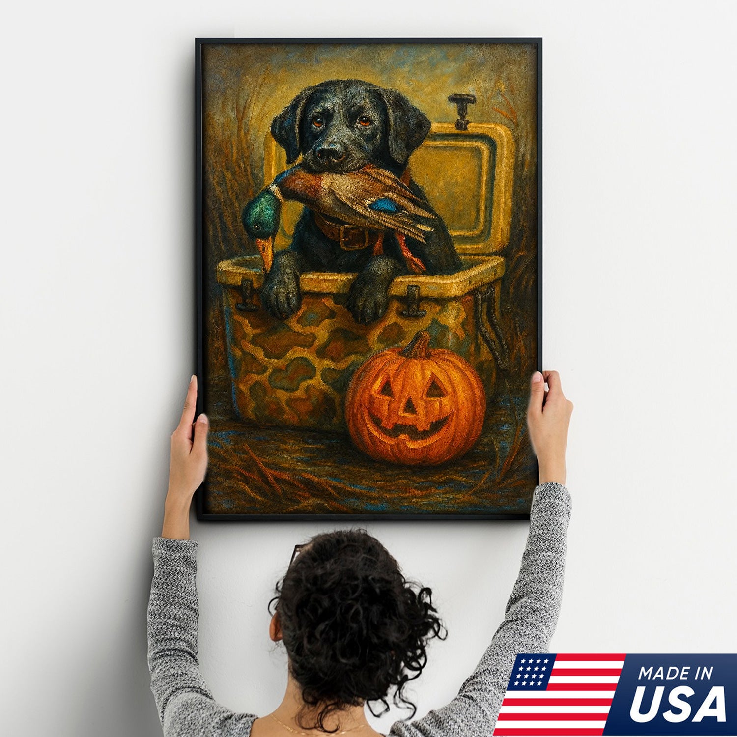 Labrador Retriever Hunting Dog Canvas Wall Art – Black Lab with Duck and Halloween Pumpkin Decor