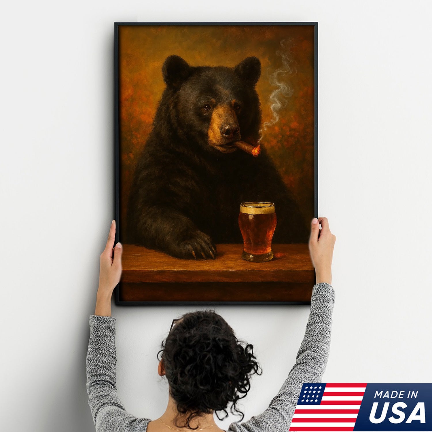 Funny Bear Drinking Cocktail Glasses & Smoking Canvas Wall Art - Rustic Bar & Hunting Lodge Decor