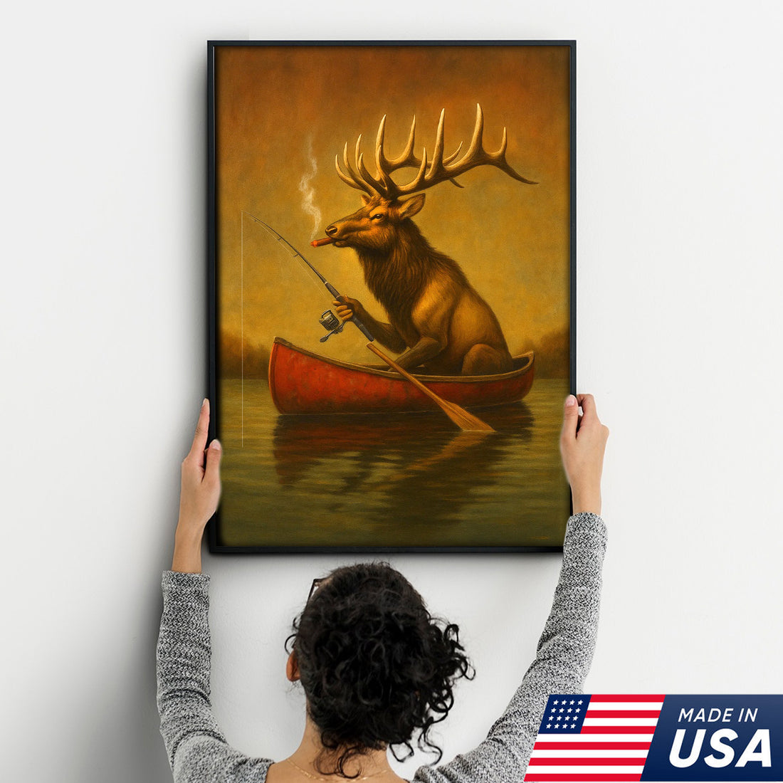 Funny Elk Fishing Canvas Wall Art – Rustic Cabin Decor for Hunters & Fishermen