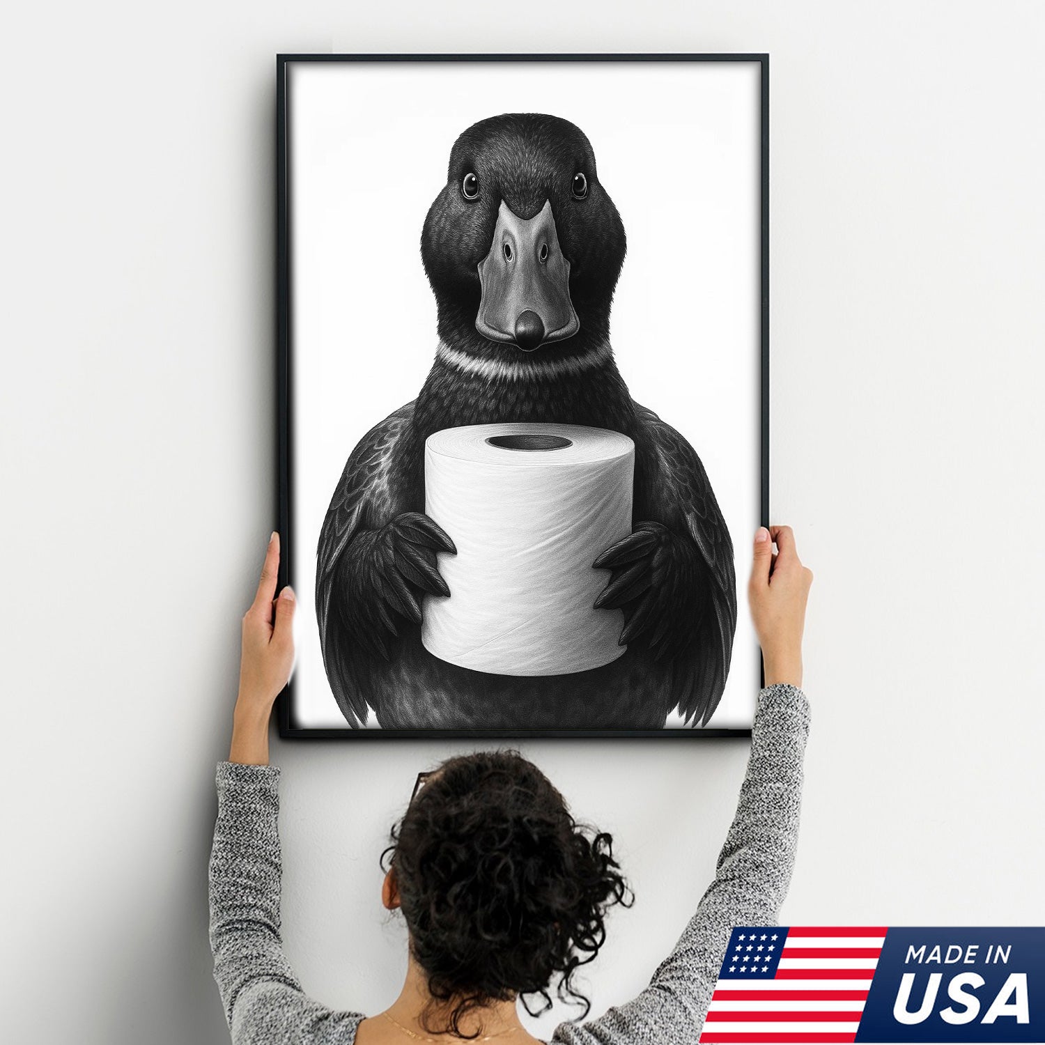 Mallard Duck Canvas Wall Art, Funny Animal Portrait Holding Toilet Paper, Black and White Bathroom Decor Print