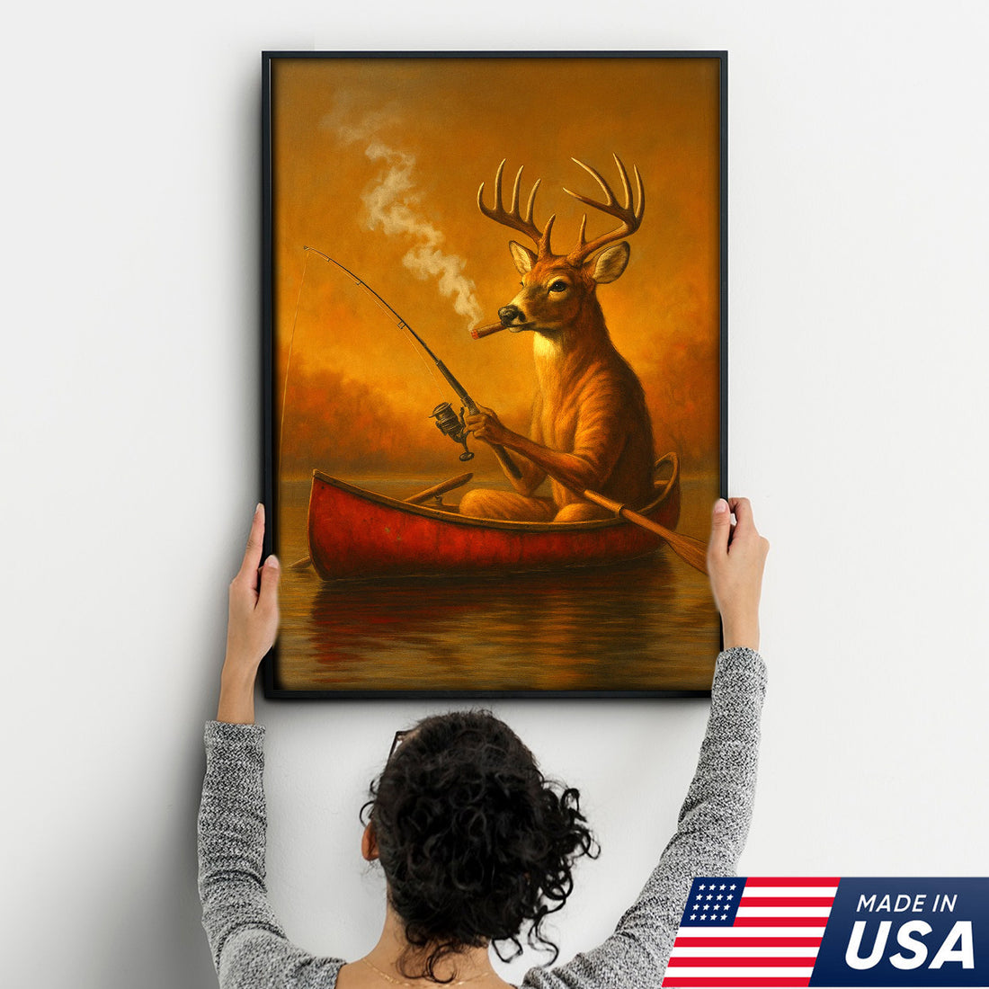 Rustic White Tailed Deer Fishing Canvas, Funny Hunting Wall Art for Fisherman & Hunter Gift Decor