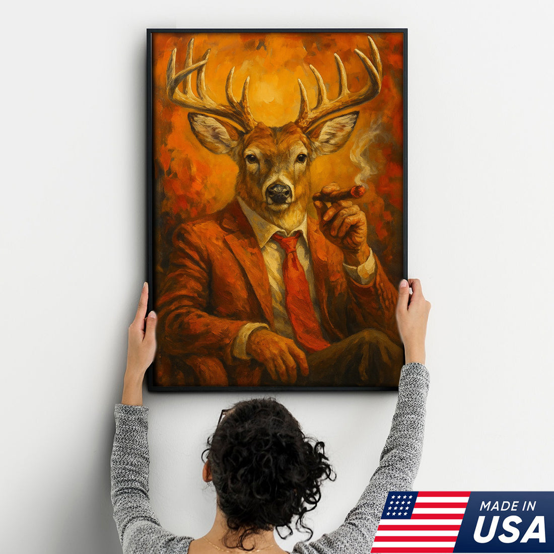 Deer Smoking Canvas, Buck Wall Art Print in Suit for Man Cave, Rustic Hunting Cabin & Smoking Lounge